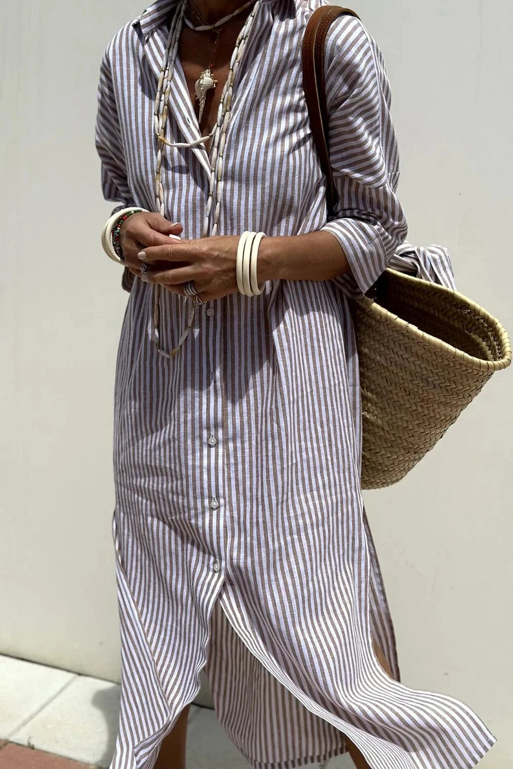 Trendsi Mocha / S Tied Button Up Three-Quarter Sleeve Dress