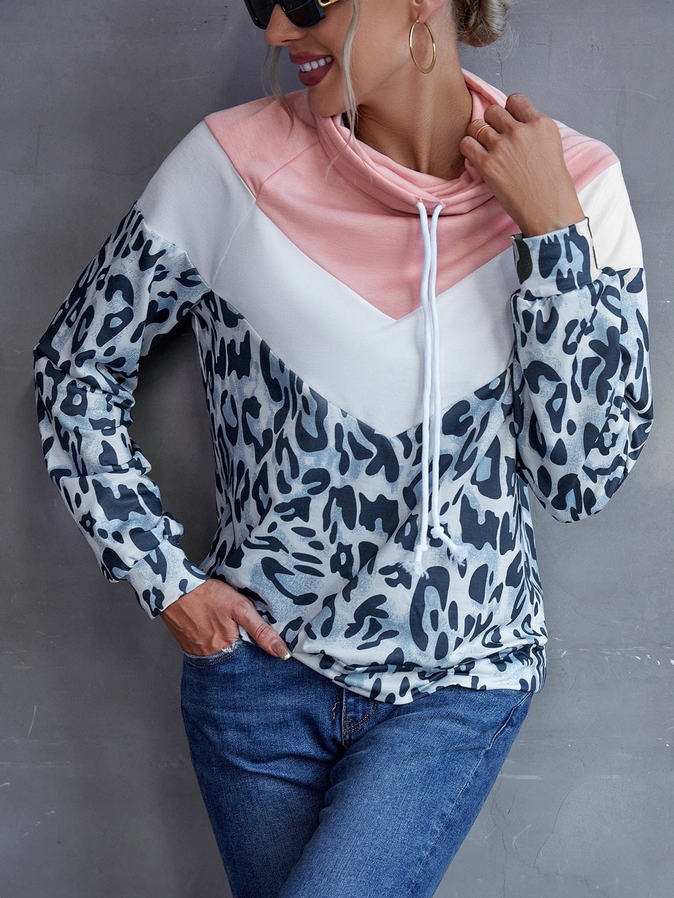 Trendsi Multicolor / XL Ivy Lane Leopard Color Block Drawstring Sweatshirt
