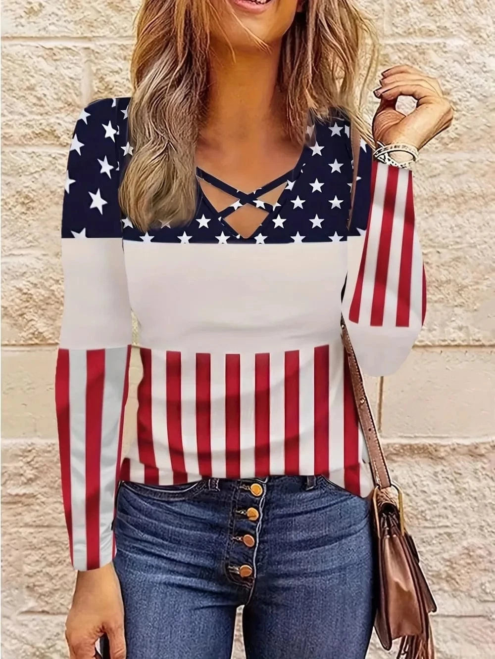 Trendsi Navy / S Crisscross Color Block Long Sleeve T-Shirt