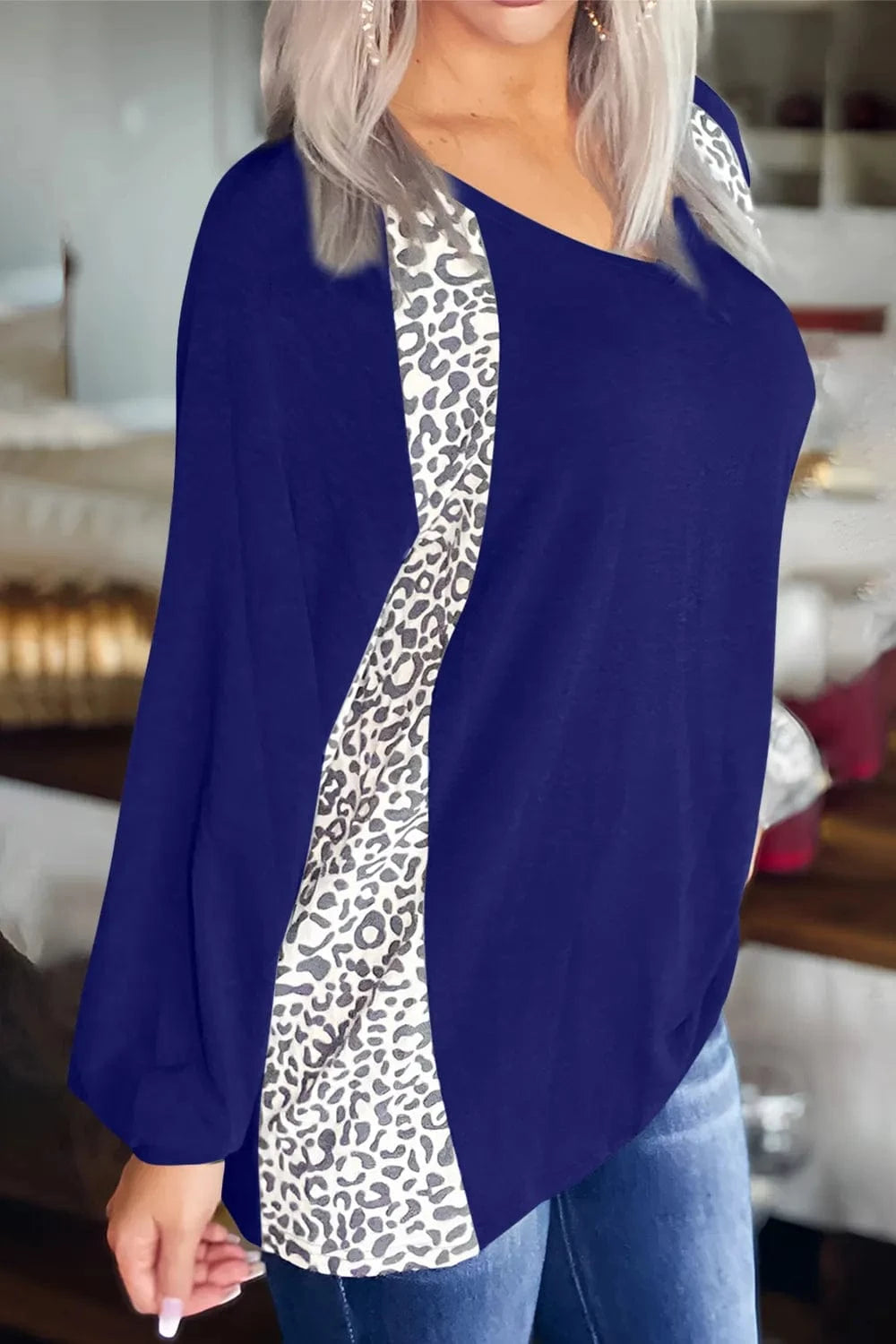 Trendsi Navy / S Full Size Leopard V-Neck Long Sleeve T-Shirt