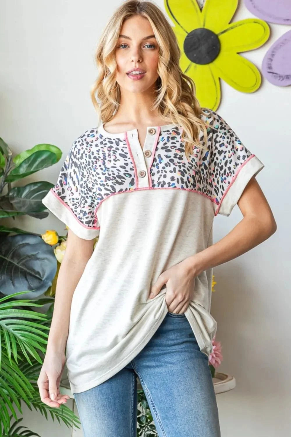 Trendsi Oatmeal / S Heimish Full Size Exposed Seam Leopard Short Sleeve T-Shirt