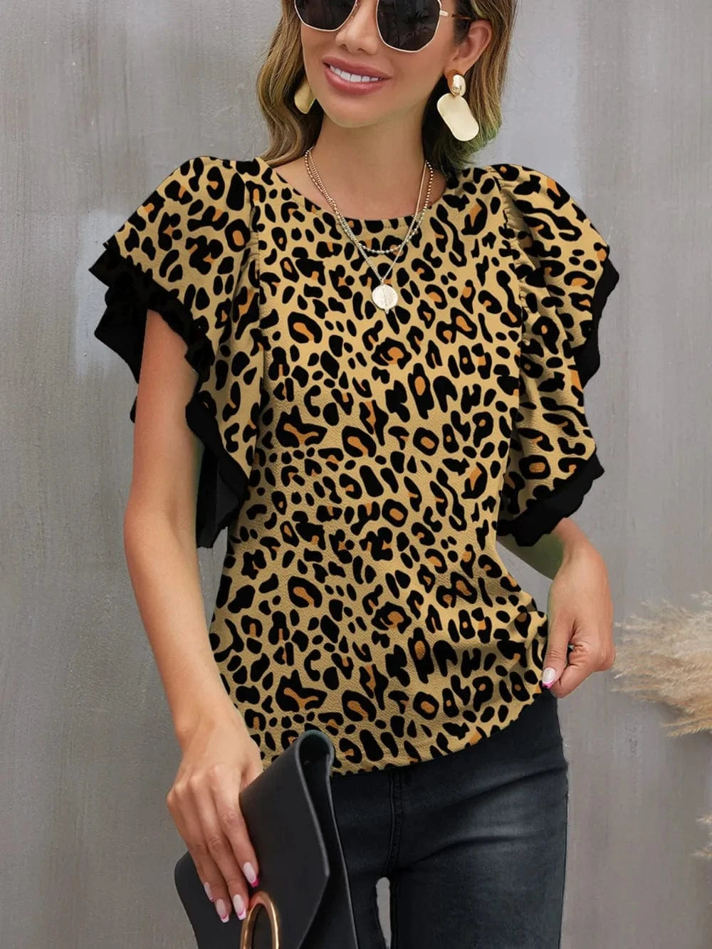 Trendsi Olive / S FAM-FAM Leopard Round Neck Flounce Sleeve Blouse
