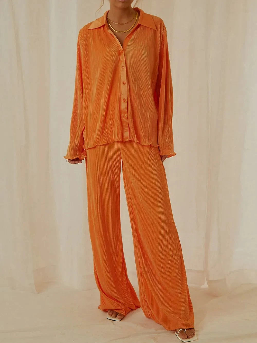 Trendsi Orange / S Collared Neck Long Sleeve Top and Pants Lounge Set