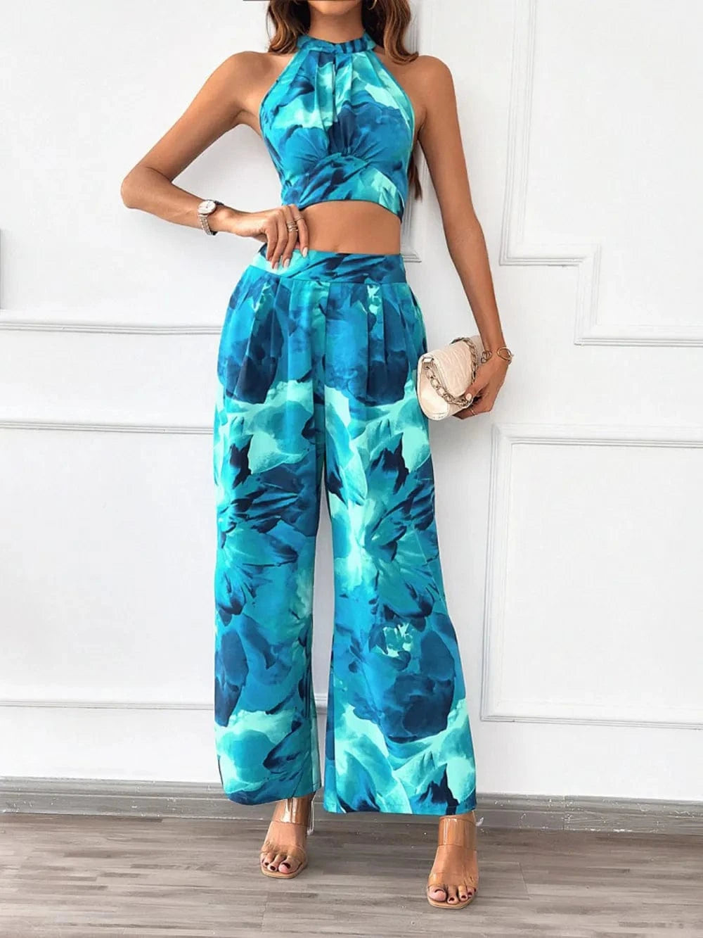 Trendsi Pastel  Blue / S Devine Printed Halter Neck Top and Pants Set
