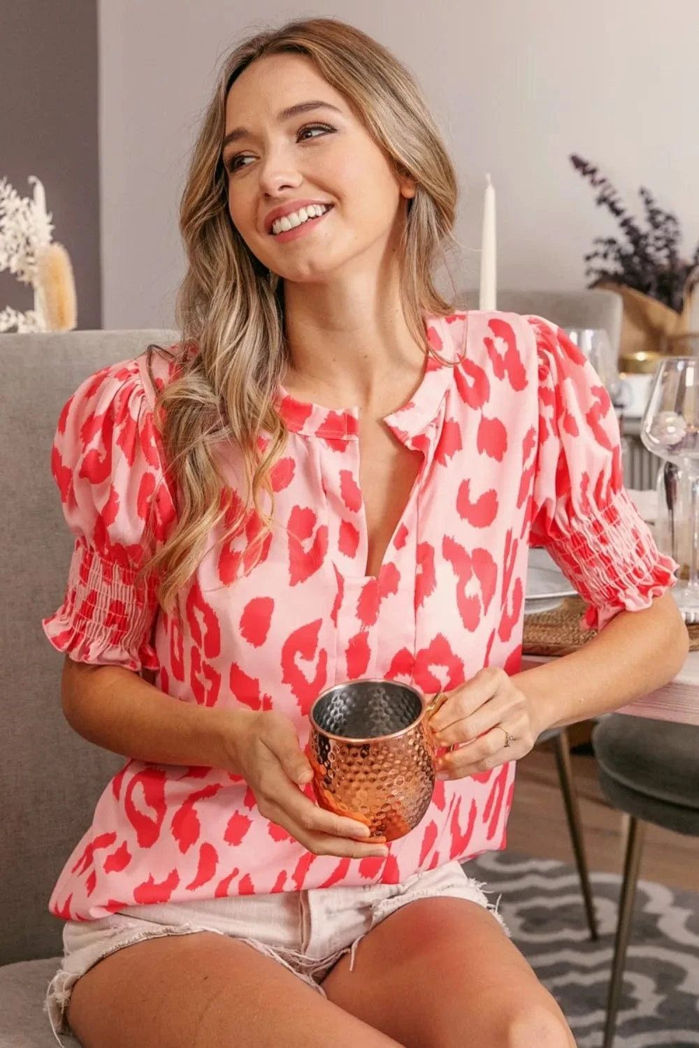 Trendsi Peach/Coral / S BiBi Leopard Smocked Short Sleeve Blouse