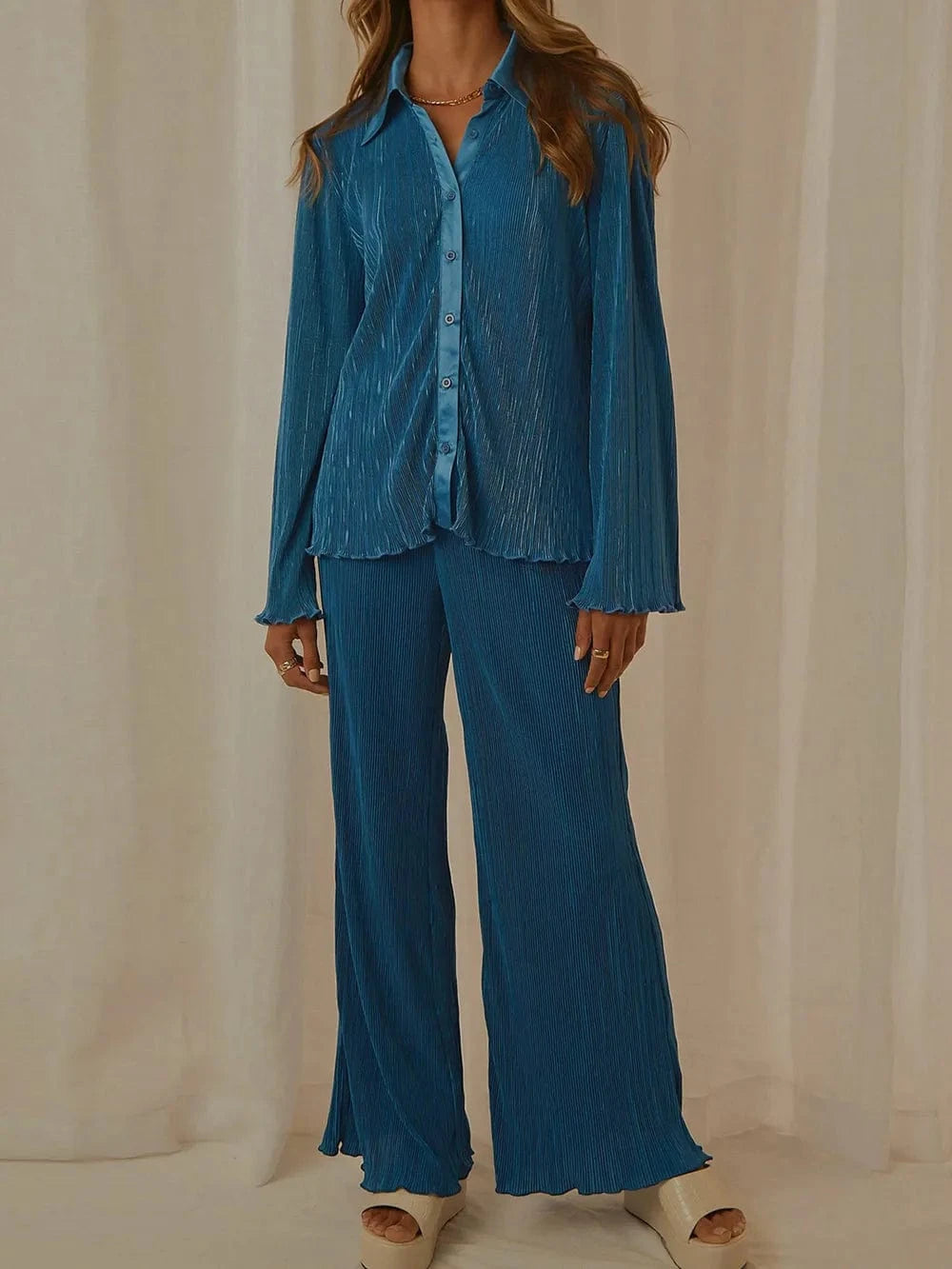 Trendsi Peacock  Blue / S Collared Neck Long Sleeve Top and Pants Lounge Set