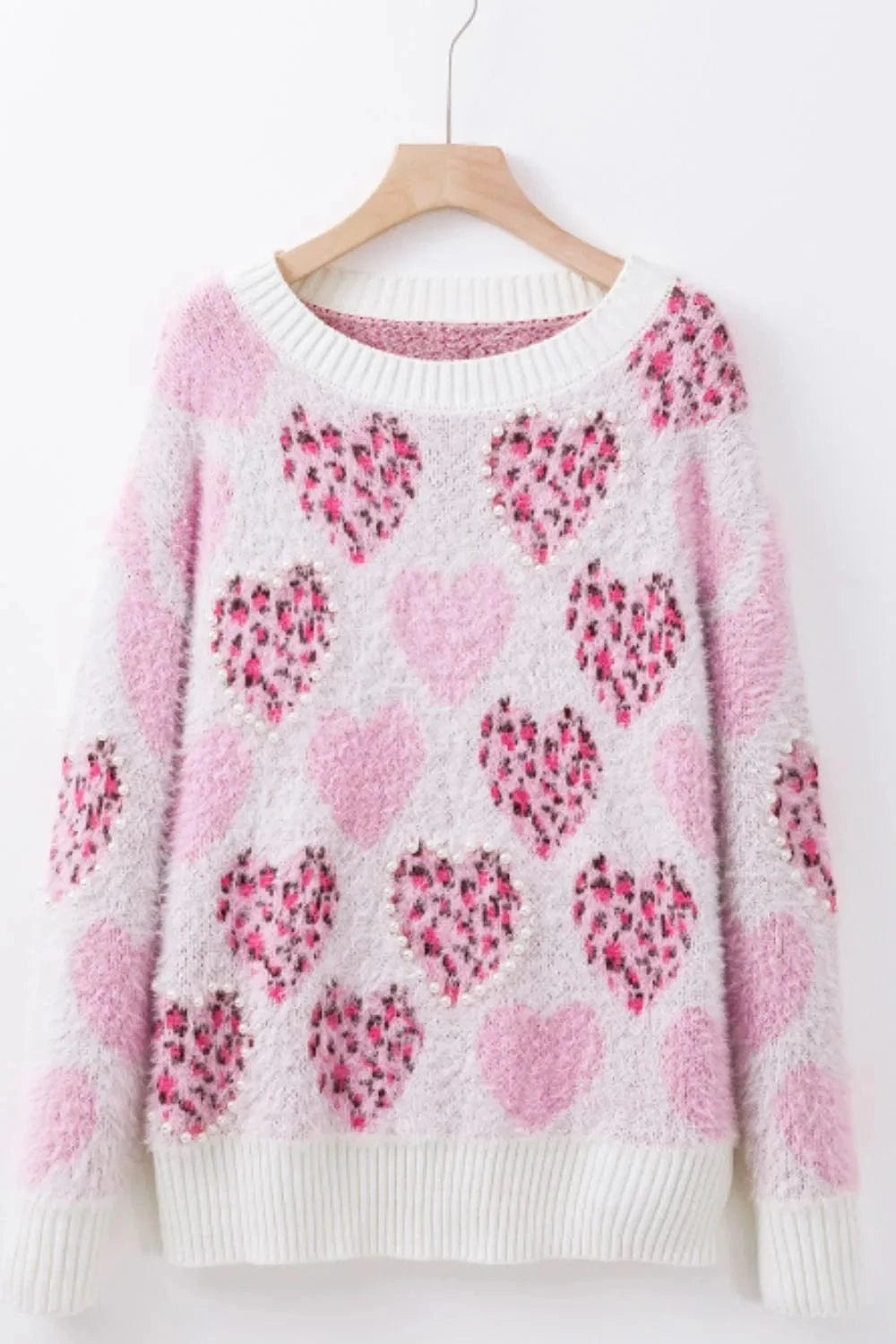 Trendsi Pearl Detail Heart Round Neck Sweater