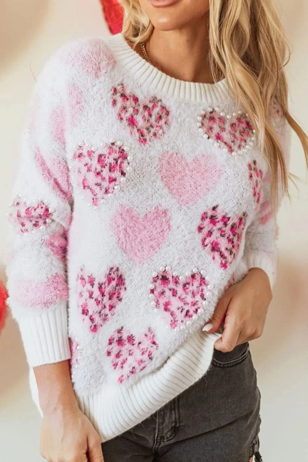 Trendsi Pearl Detail Heart Round Neck Sweater