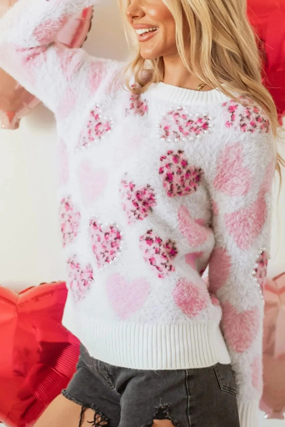 Trendsi Pearl Detail Heart Round Neck Sweater