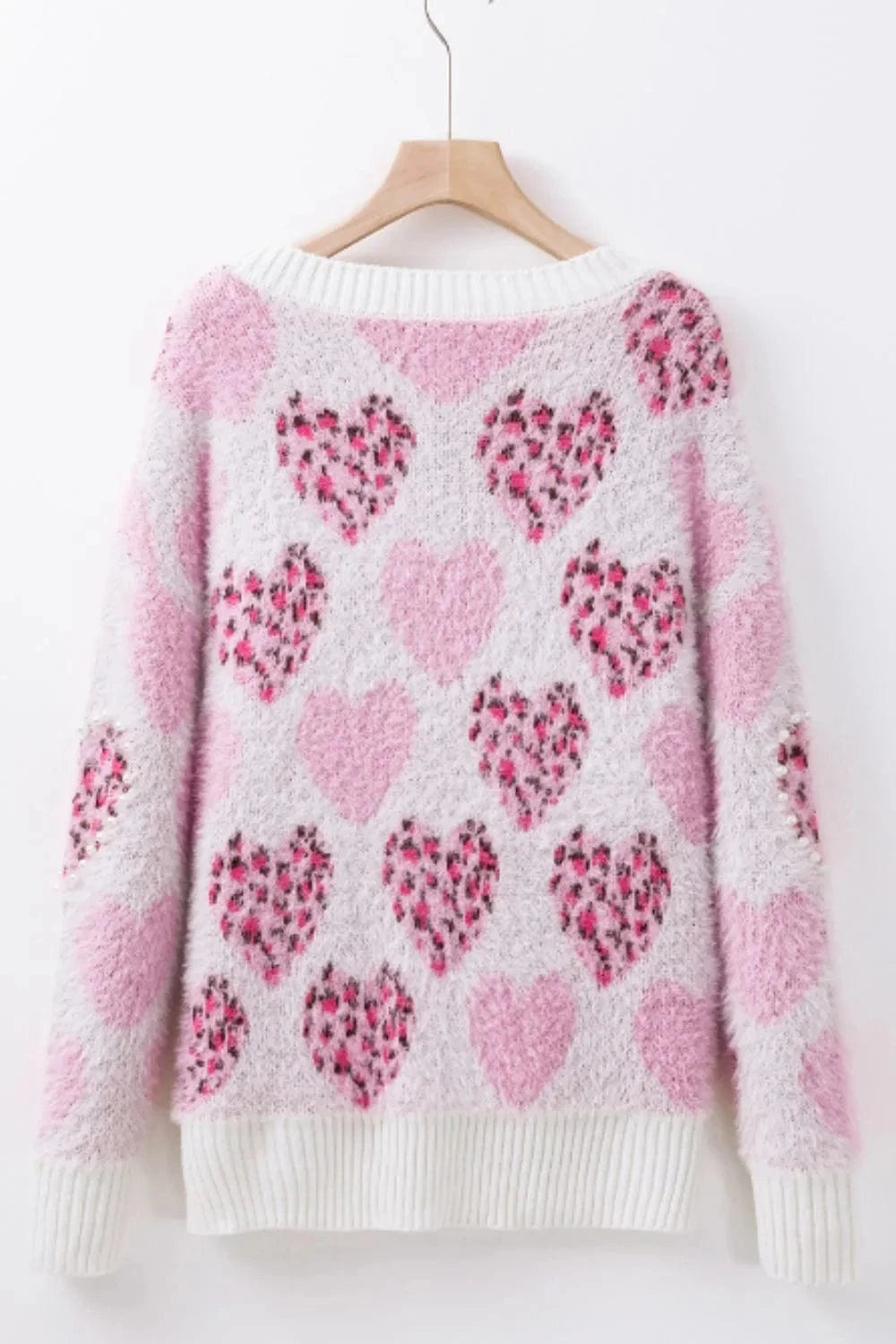Trendsi Pearl Detail Heart Round Neck Sweater