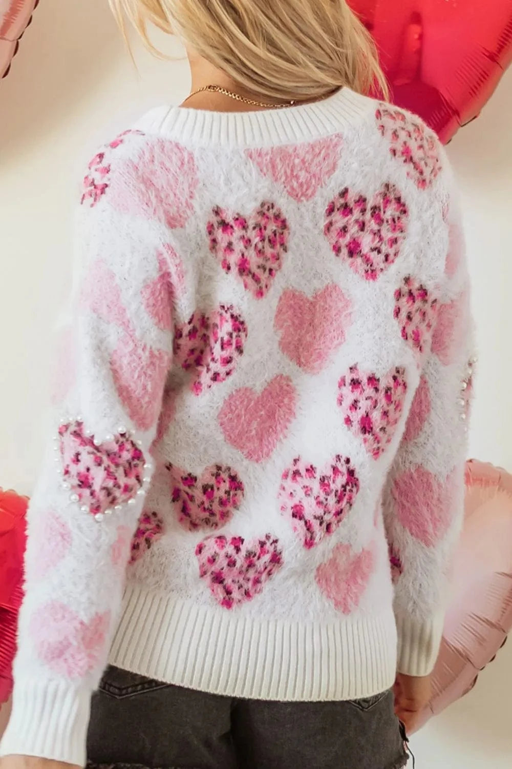 Trendsi Pearl Detail Heart Round Neck Sweater