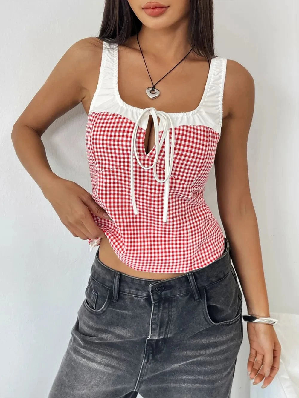 Trendsi Perfee Contrast Plaid Square Neck Tank