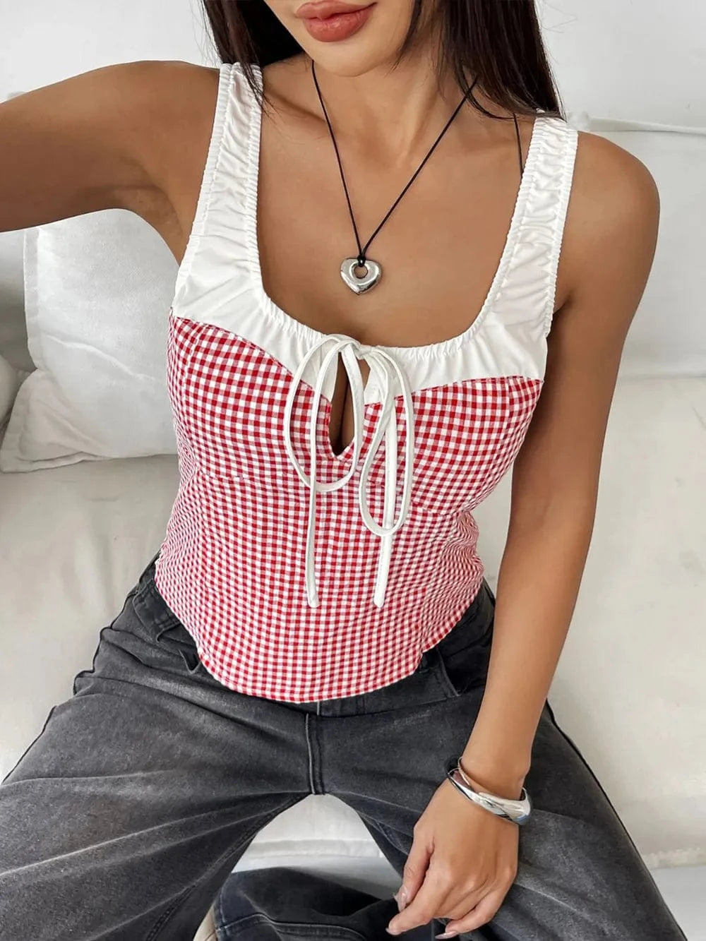 Trendsi Perfee Contrast Plaid Square Neck Tank