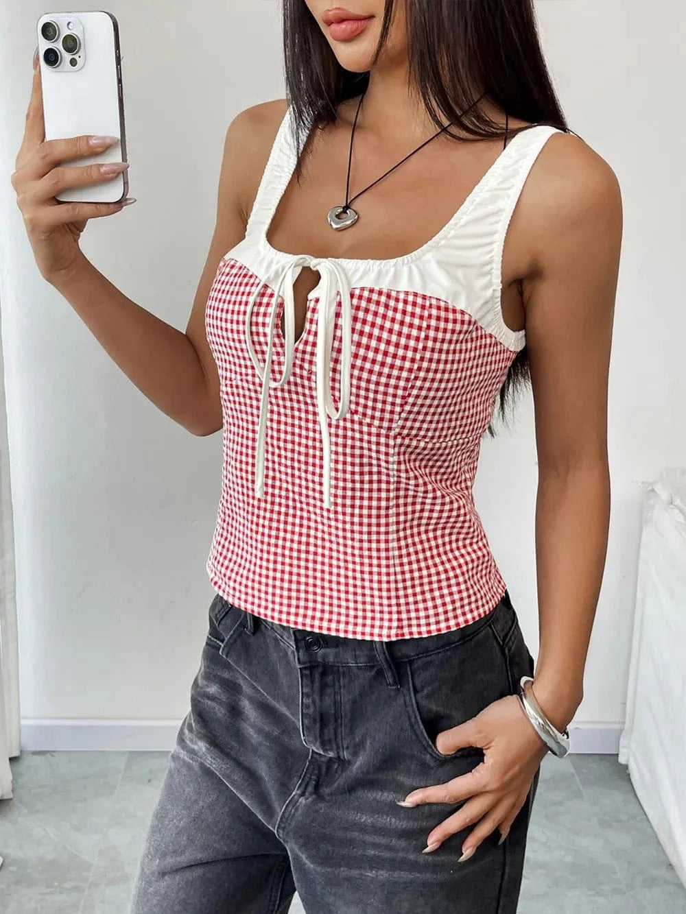 Trendsi Perfee Contrast Plaid Square Neck Tank