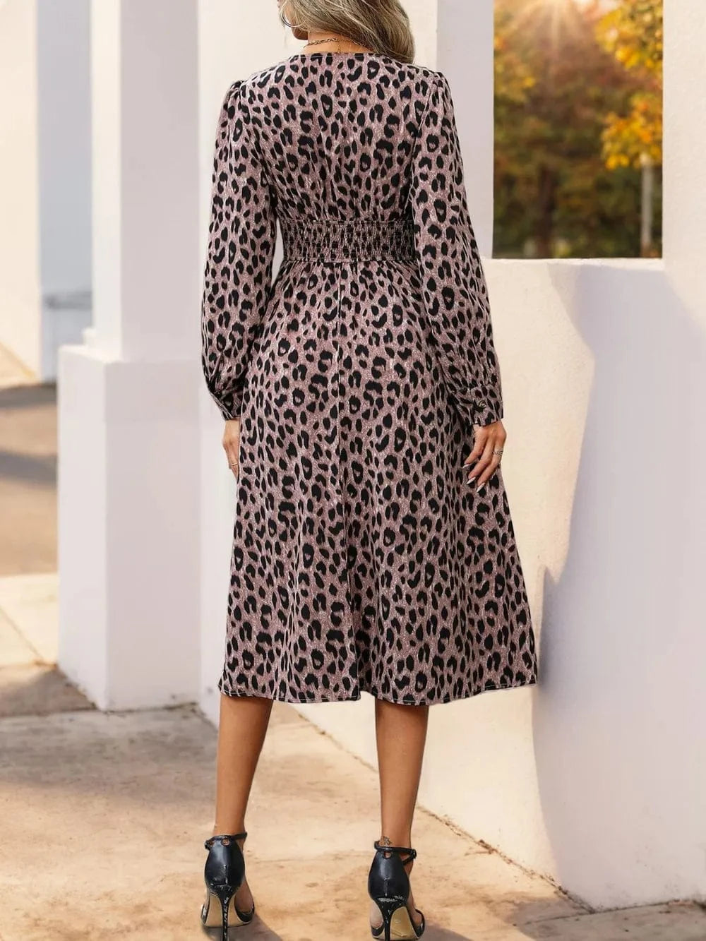 Trendsi Perfee Leopard Surplice Long Sleeve Midi Dress
