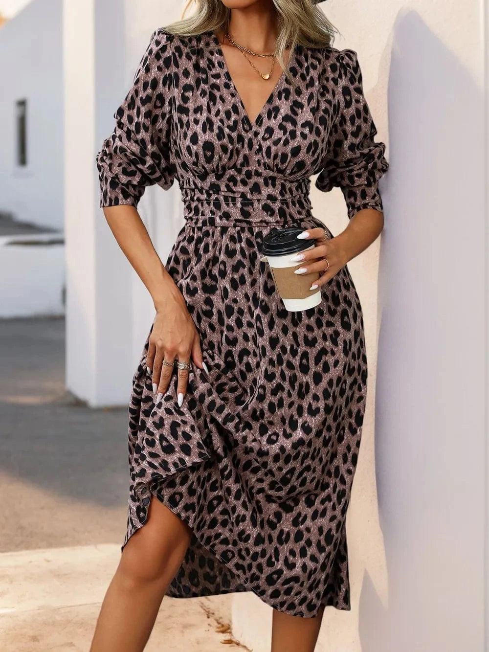 Trendsi Perfee Leopard Surplice Long Sleeve Midi Dress