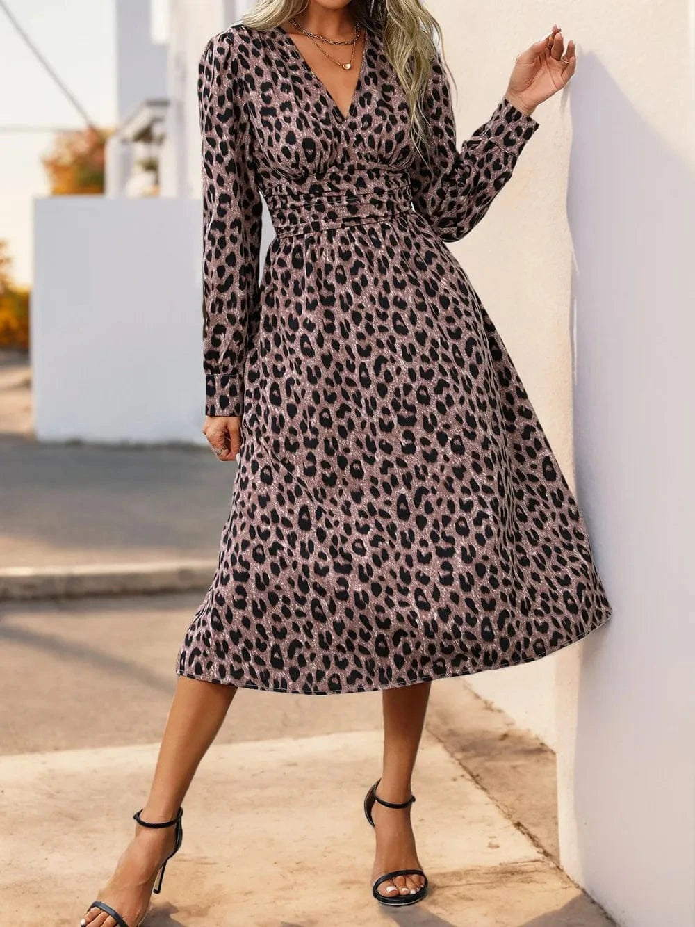 Trendsi Perfee Leopard Surplice Long Sleeve Midi Dress