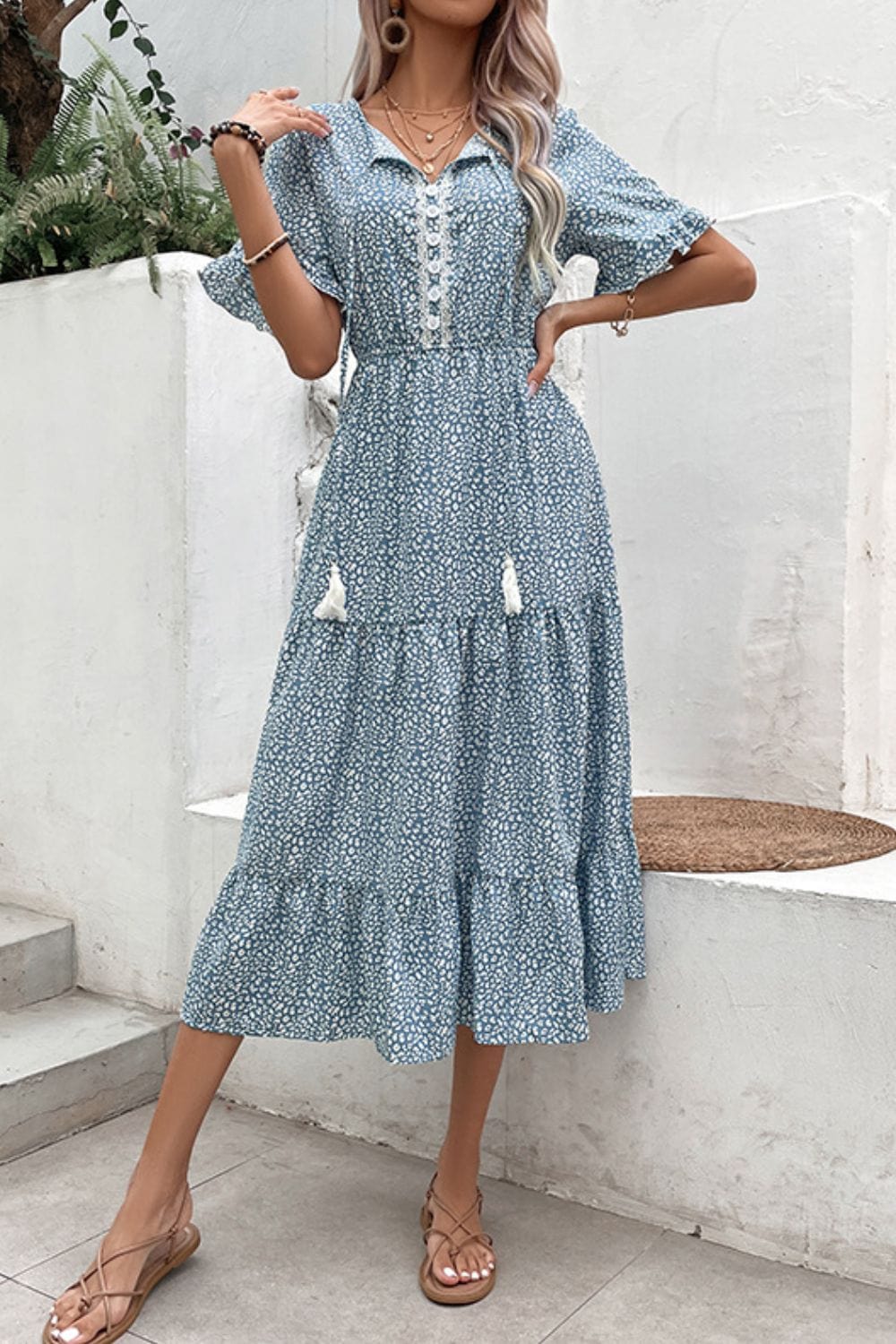 Trendsi Perfee Printed Tassel Tie Flounce Sleeve Dress