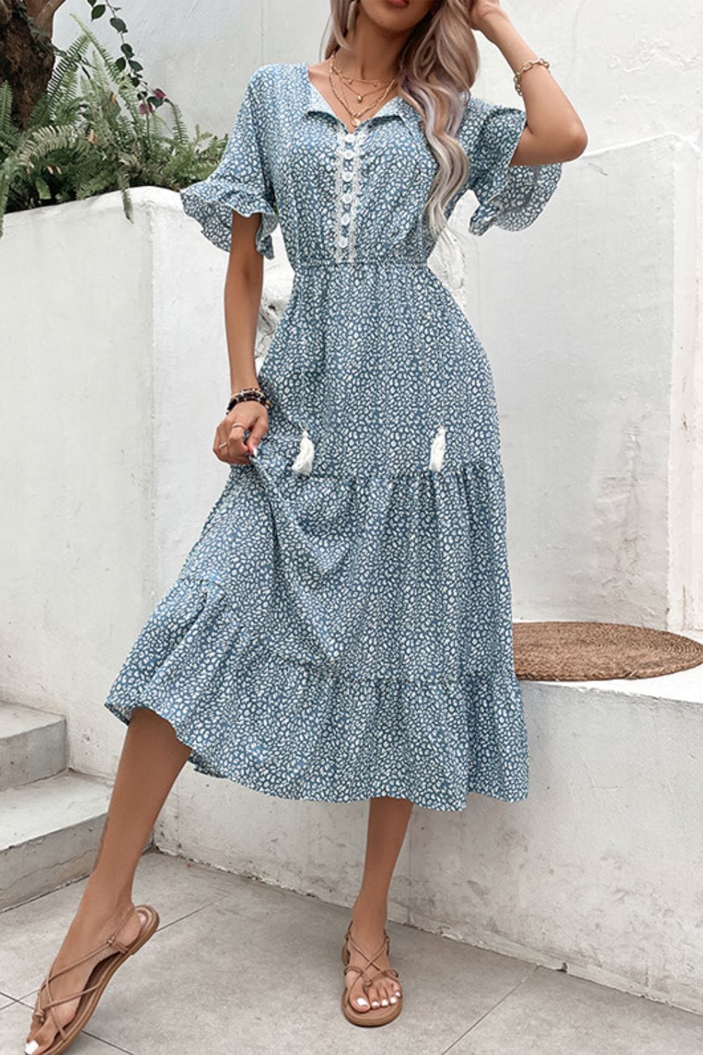 Trendsi Perfee Printed Tassel Tie Flounce Sleeve Dress