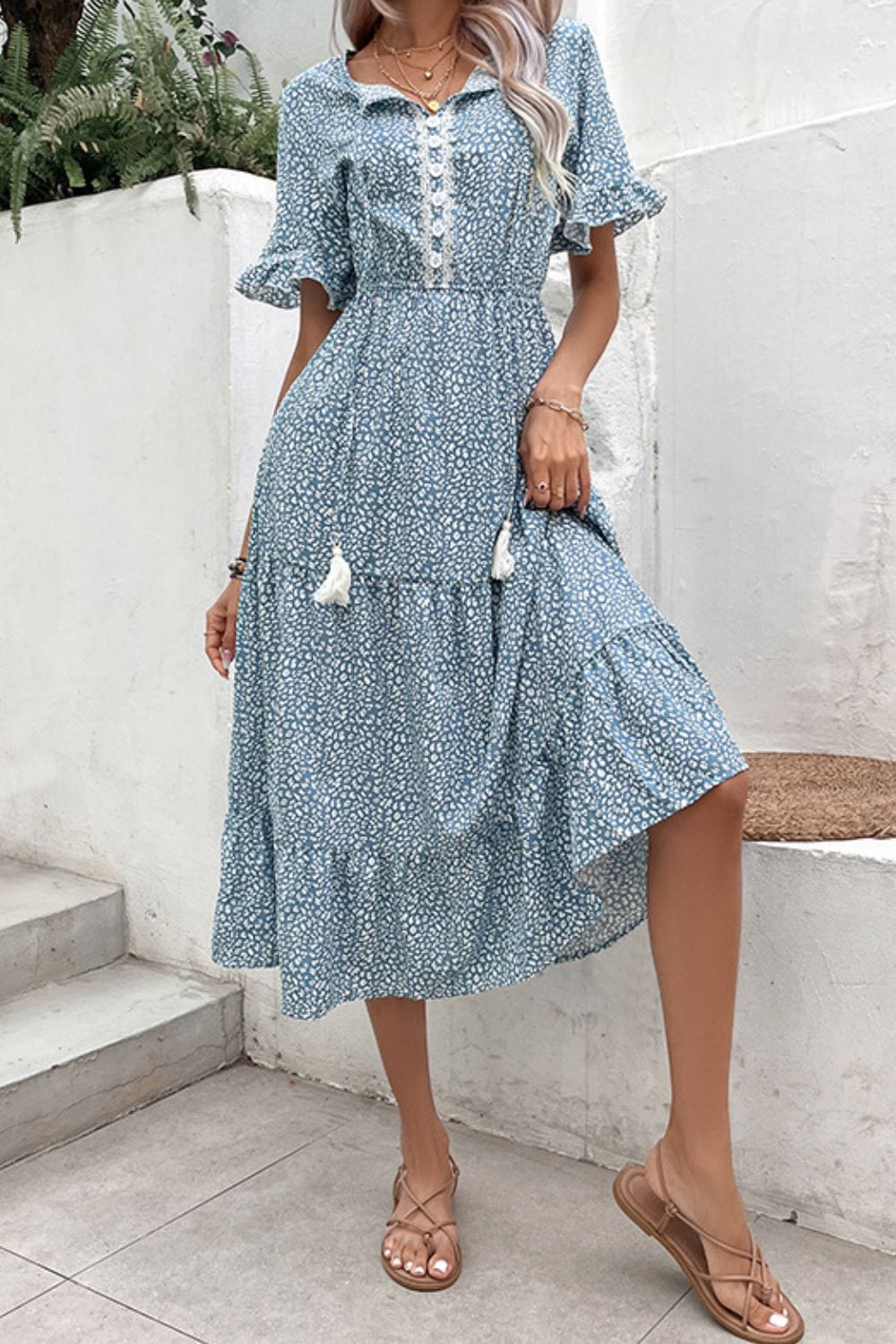 Trendsi Perfee Printed Tassel Tie Flounce Sleeve Dress