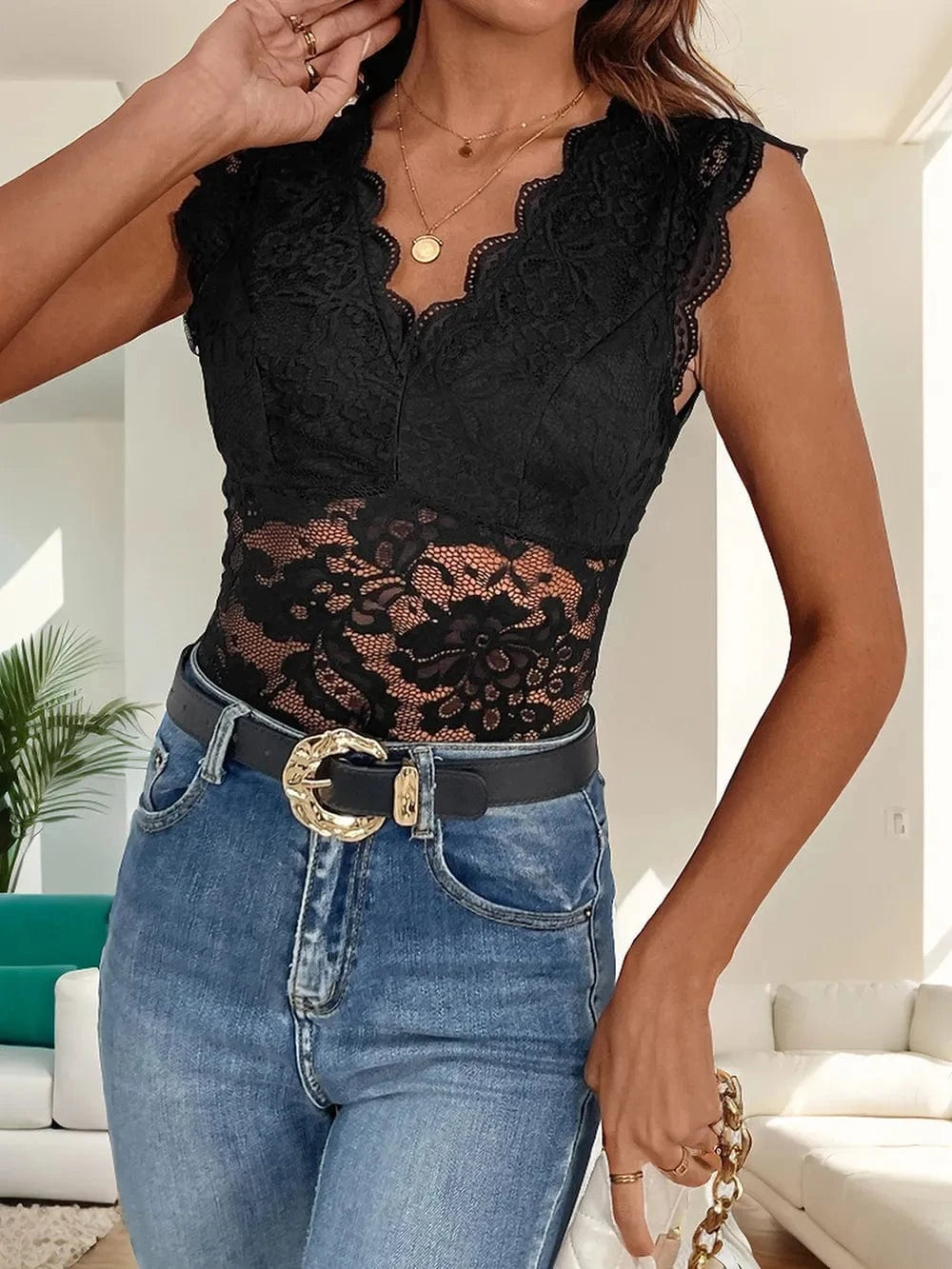 Trendsi Perfee V-Neck Lace Bodysuit