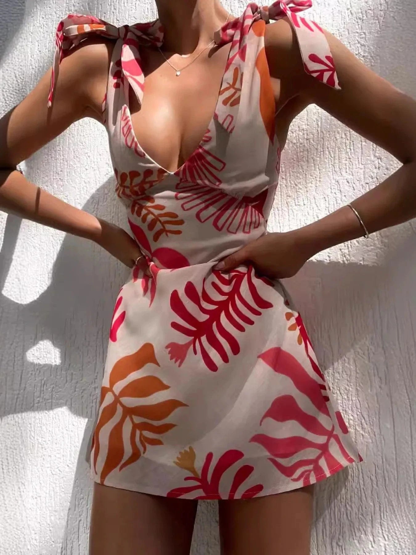 Trendsi Picture Color / S Printed Tie-Shoulder Mini Dress