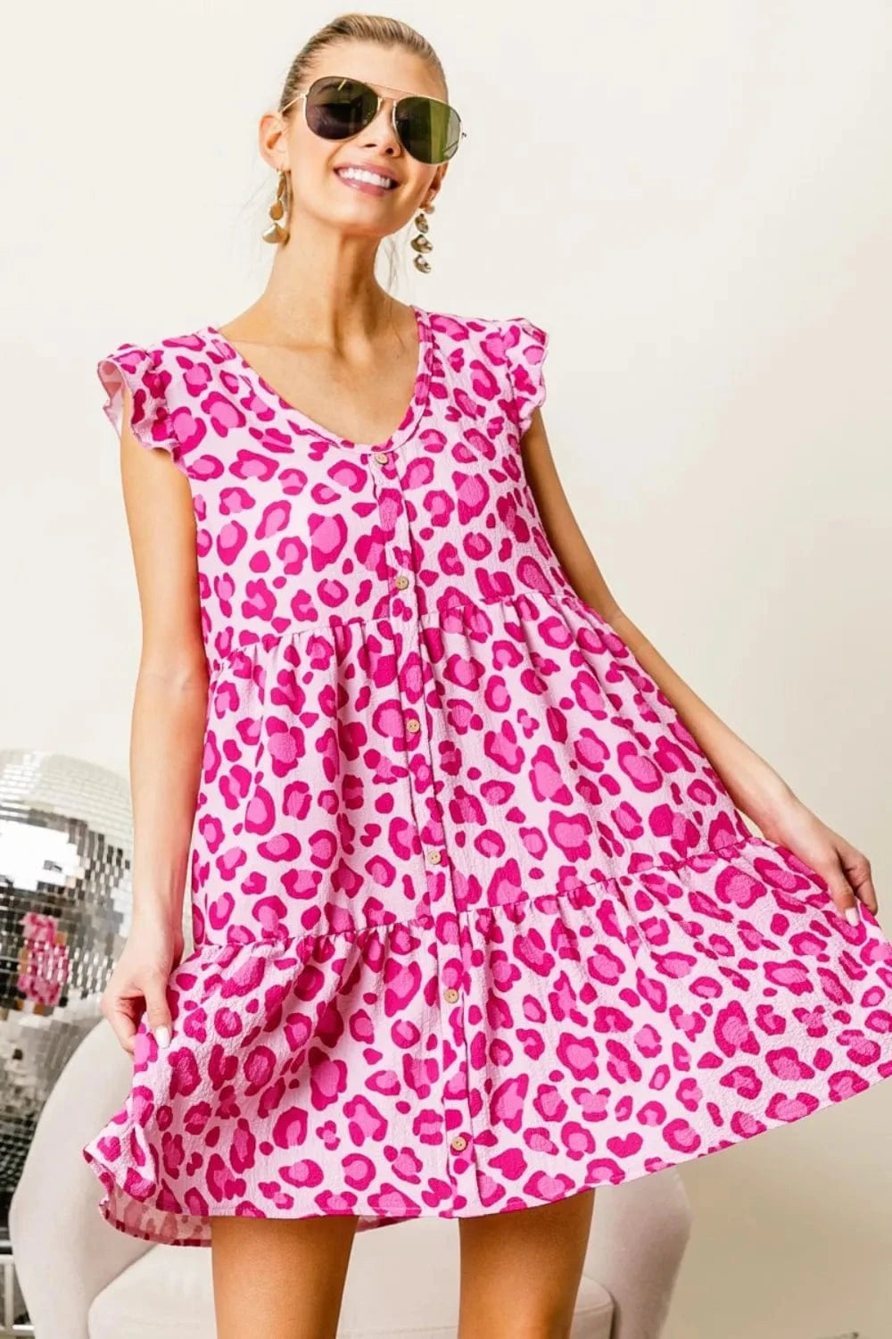 Trendsi Pink/Fuchsia / S BiBi Leopard Cap Sleeve Tiered Mini Dress