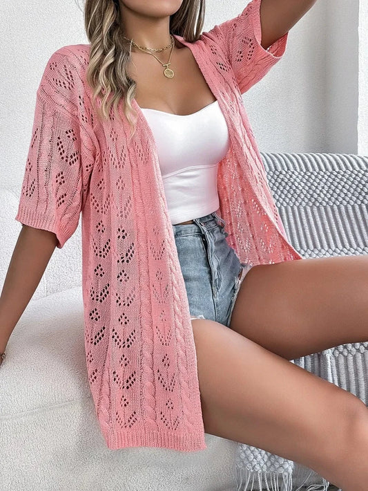 Trendsi Pink Pink / S Openwork Open Front Half Sleeve Cardigan