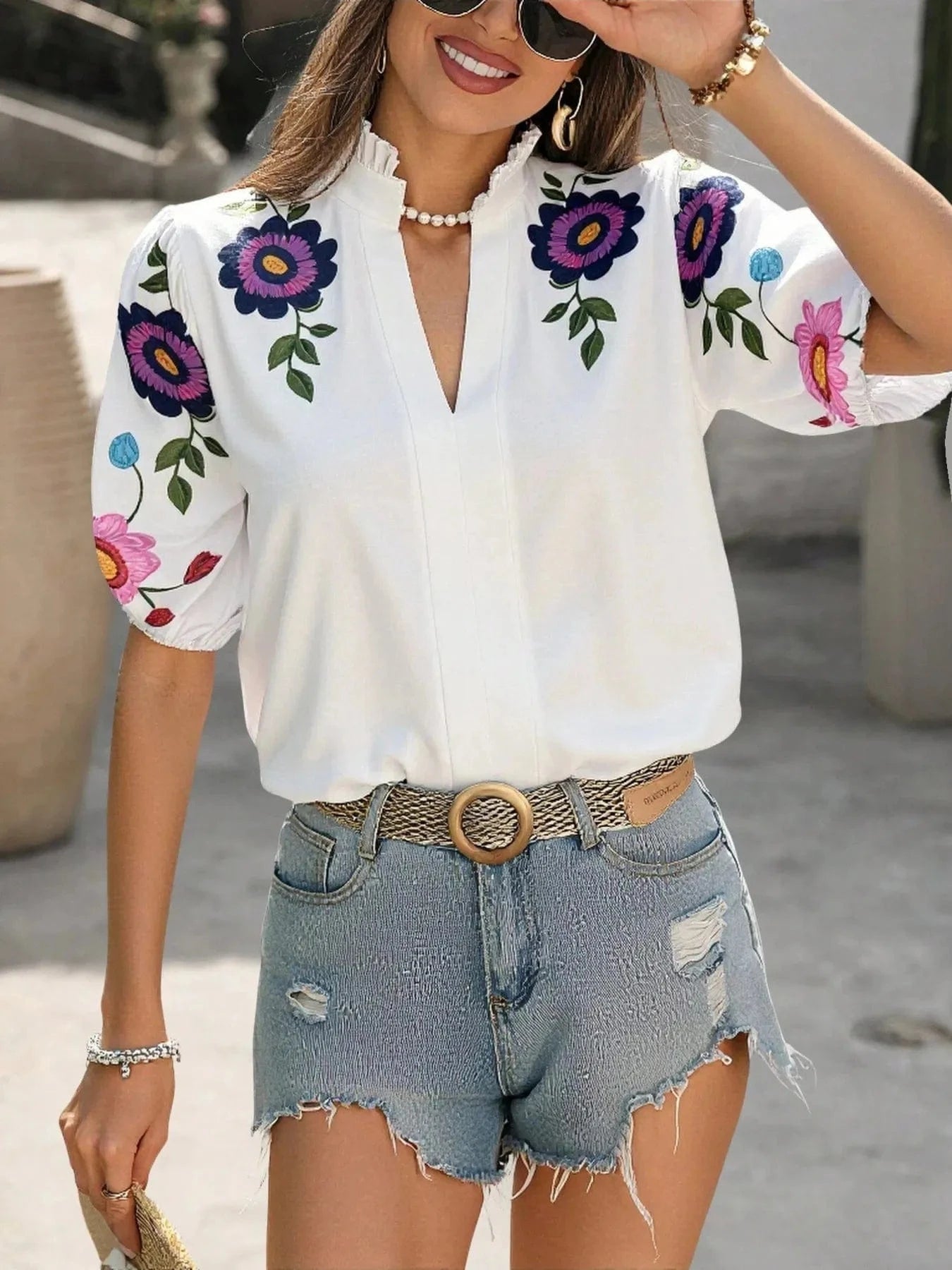 Trendsi Pink Purple Flower / S Floral Print Notched Puff Sleeve Blouse