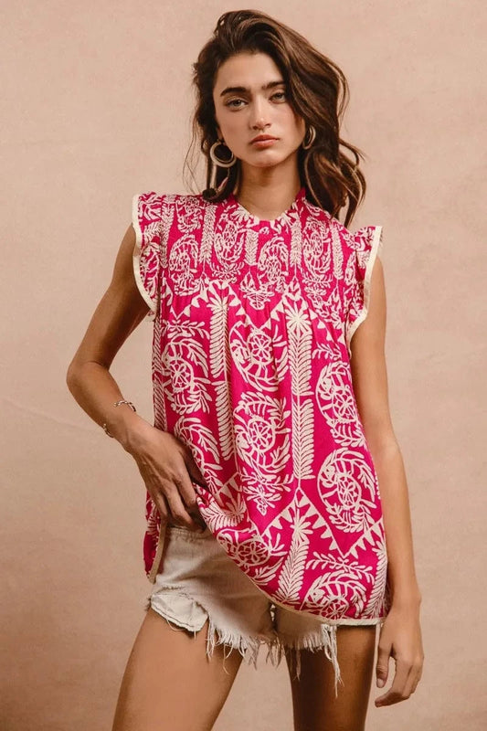 Trendsi PINK / S BiBi Printed Ruffle Sleeve Top