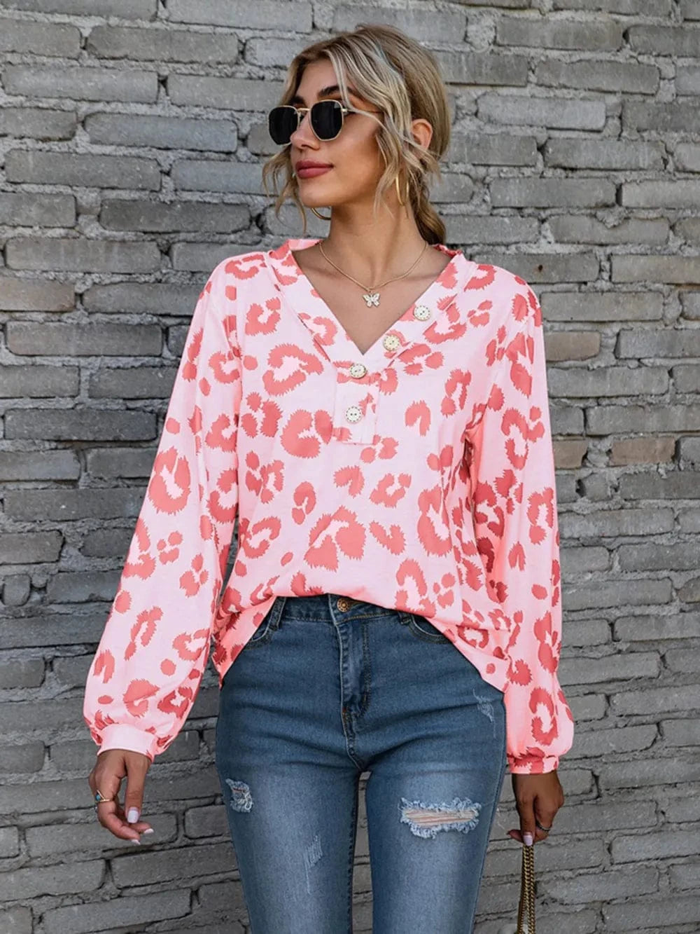 Trendsi Pink / S Leopard V-Neck Decorative Button Long Sleeve Blouse