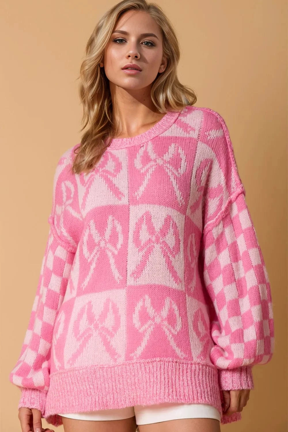 Trendsi Pink / S/M Double Take Full Size Checkered Bow Contrast Long Sleeve Sweater