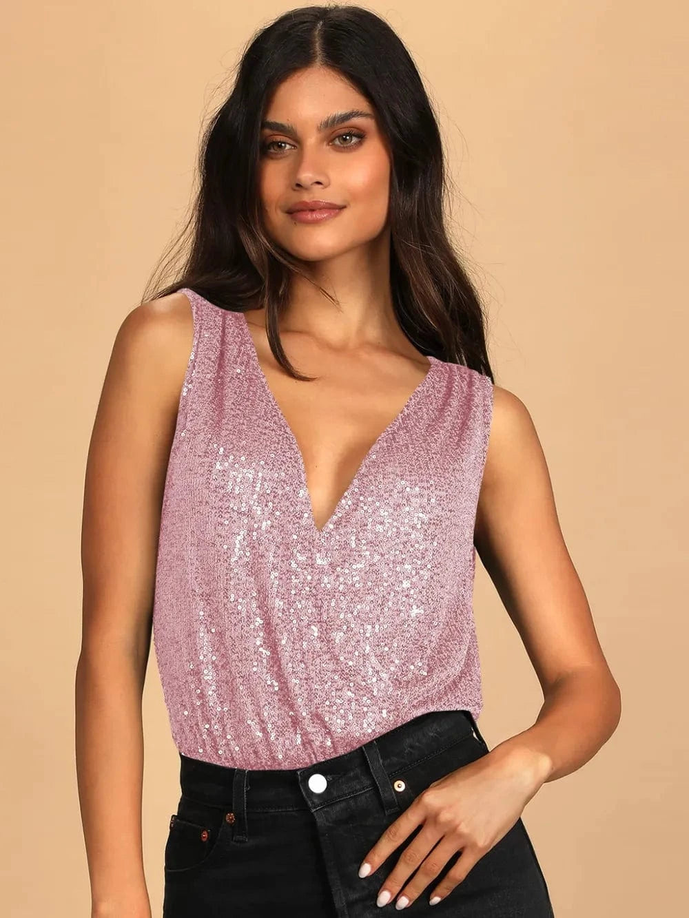Trendsi Pink / S Sequin Surplice Sleeveless Bodysuit