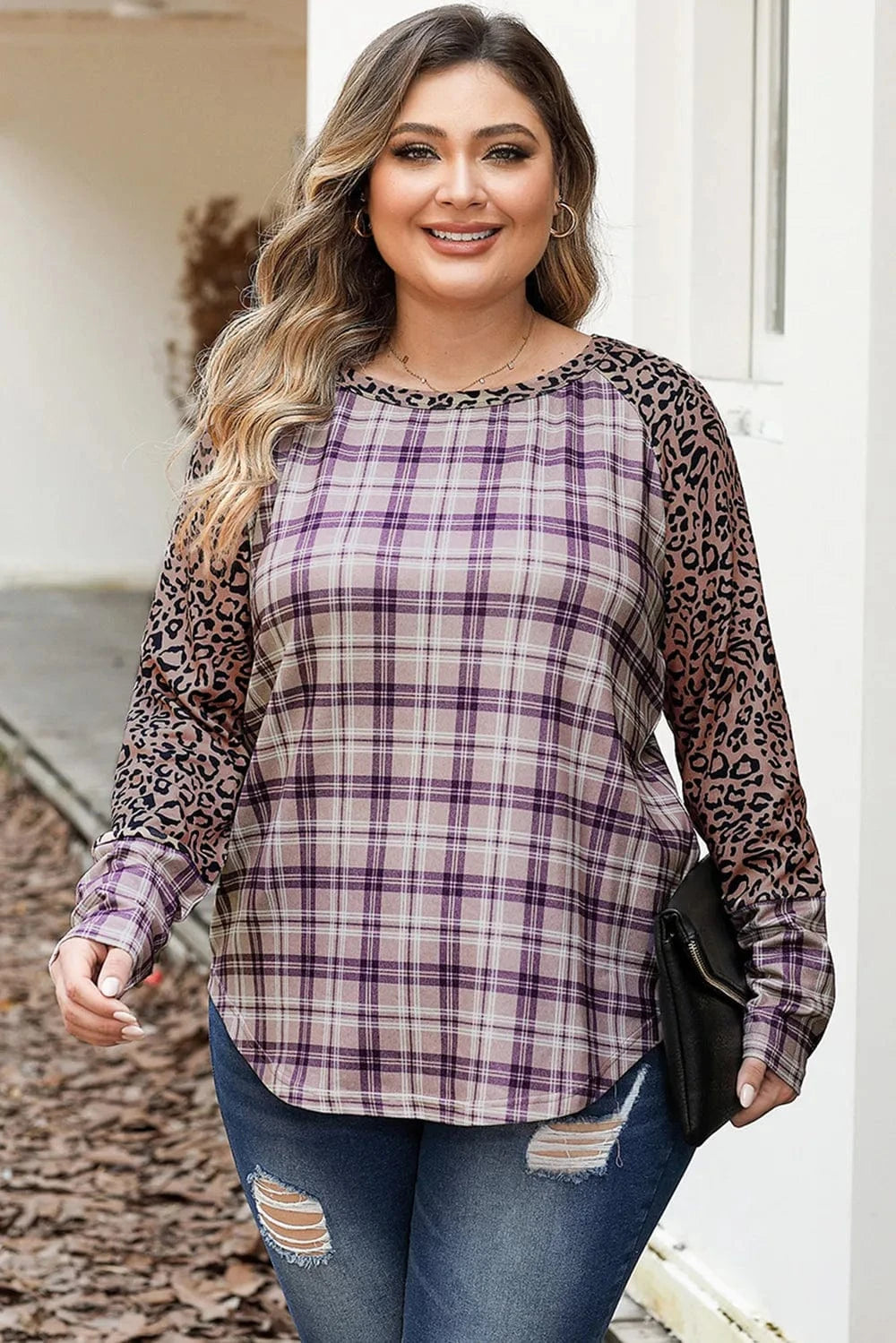 Trendsi Plaid / 1XL Plus Size Leopard Raglan Sleeve Plaid T-Shirt