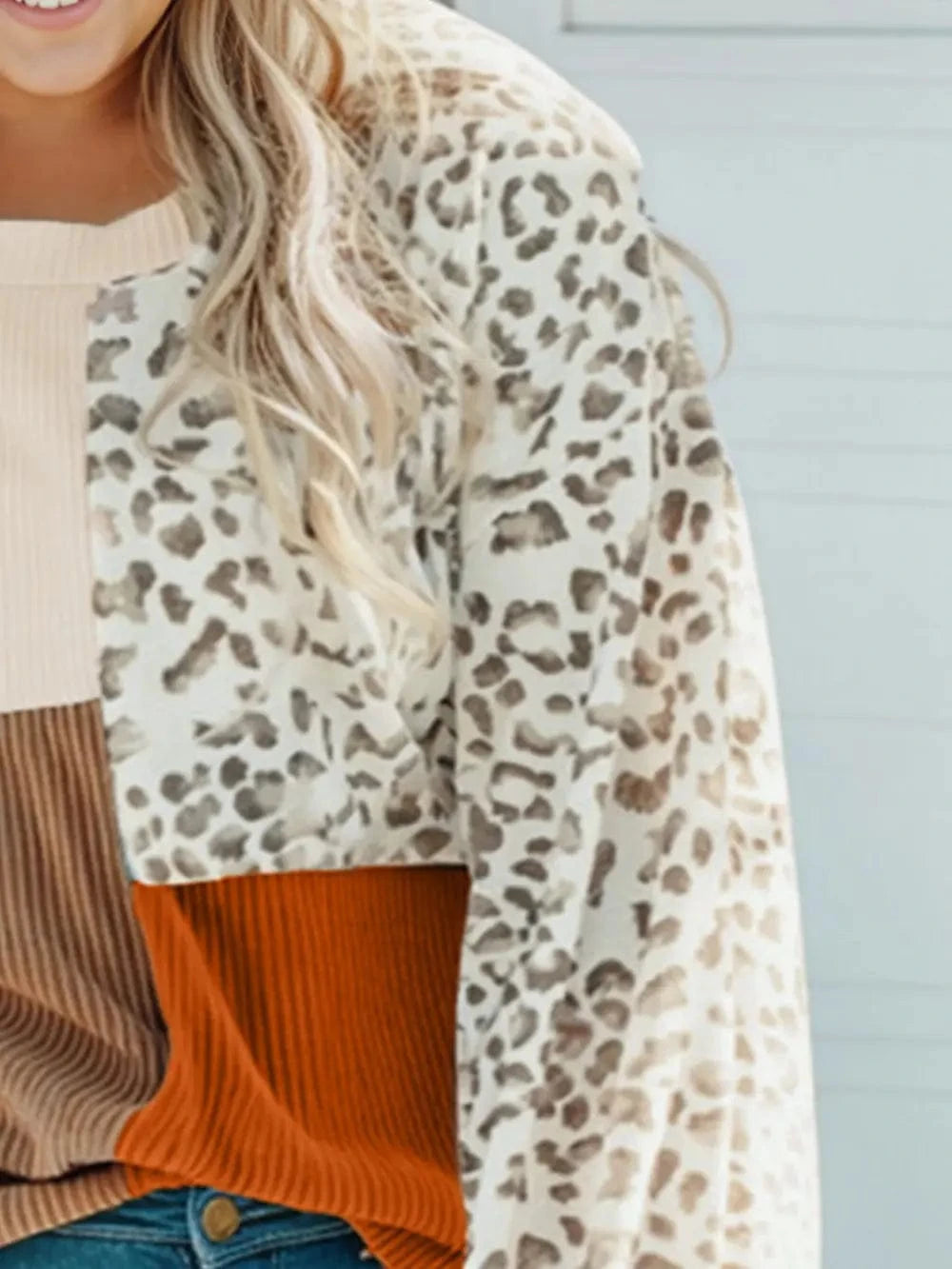 Trendsi Plus Size Color Block Leopard Round Neck Top
