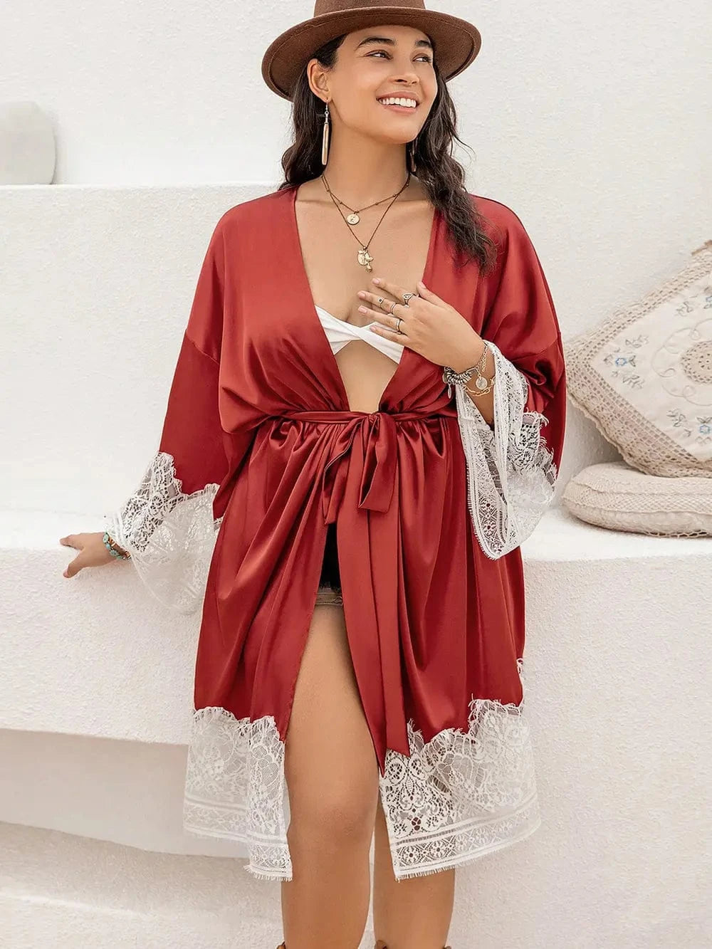 Trendsi Plus Size Lace Patchwork Tie Front Robe