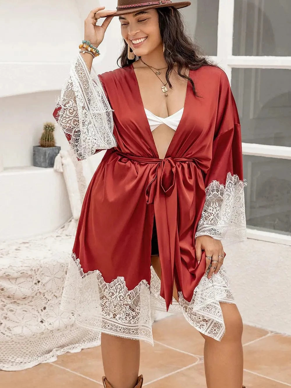 Trendsi Plus Size Lace Patchwork Tie Front Robe