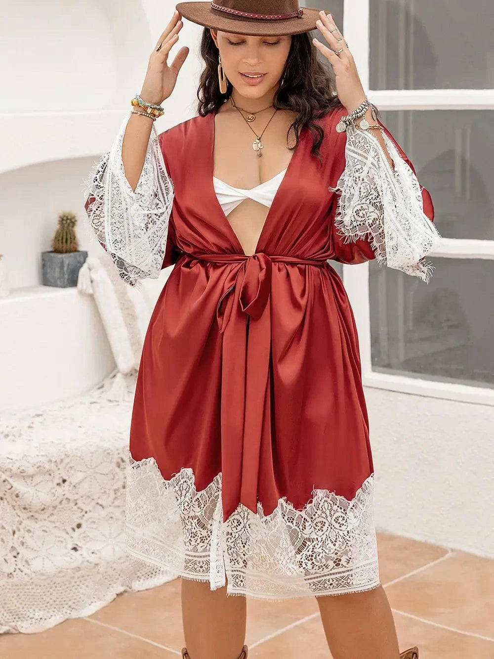 Trendsi Plus Size Lace Patchwork Tie Front Robe