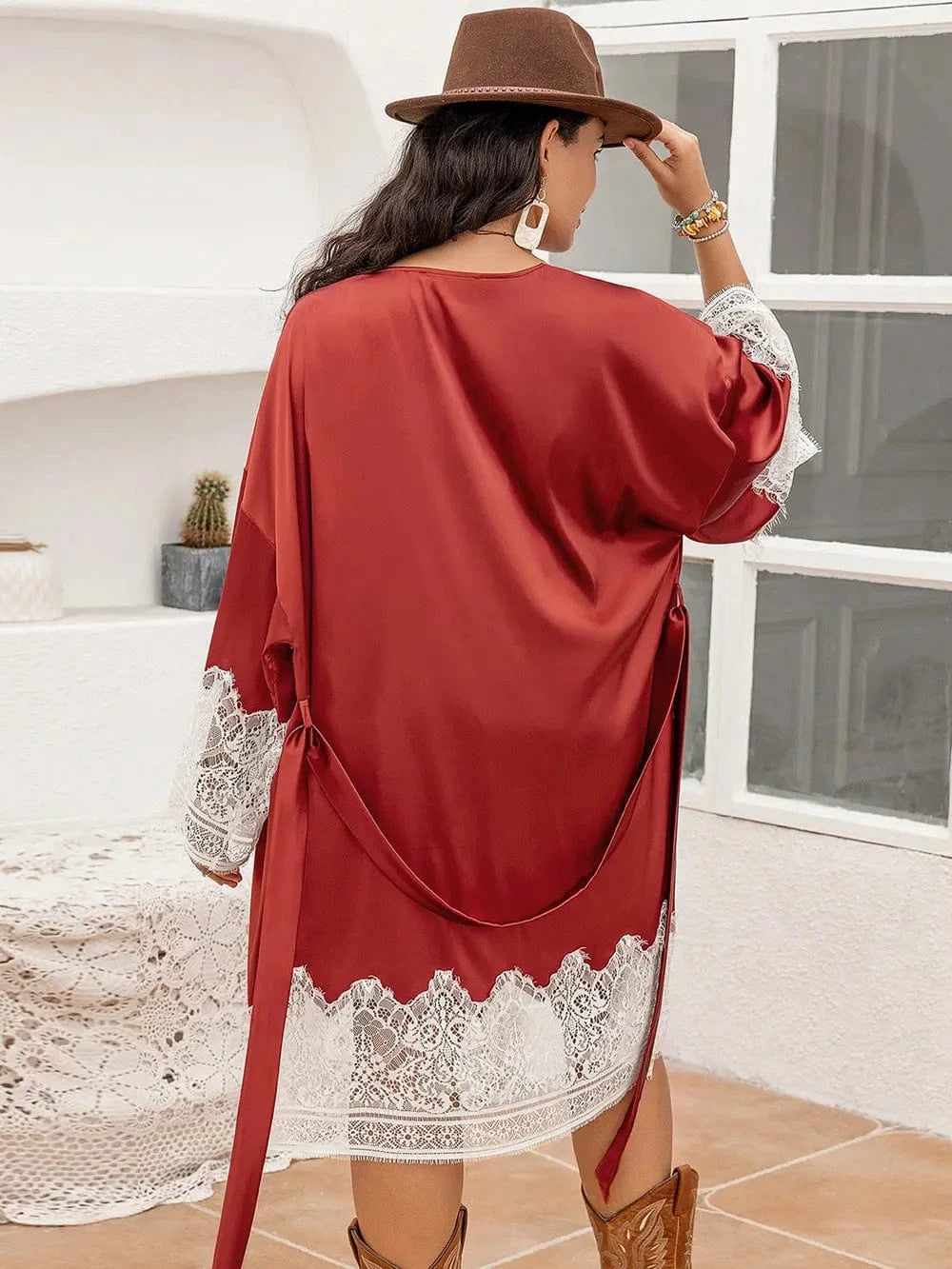 Trendsi Plus Size Lace Patchwork Tie Front Robe