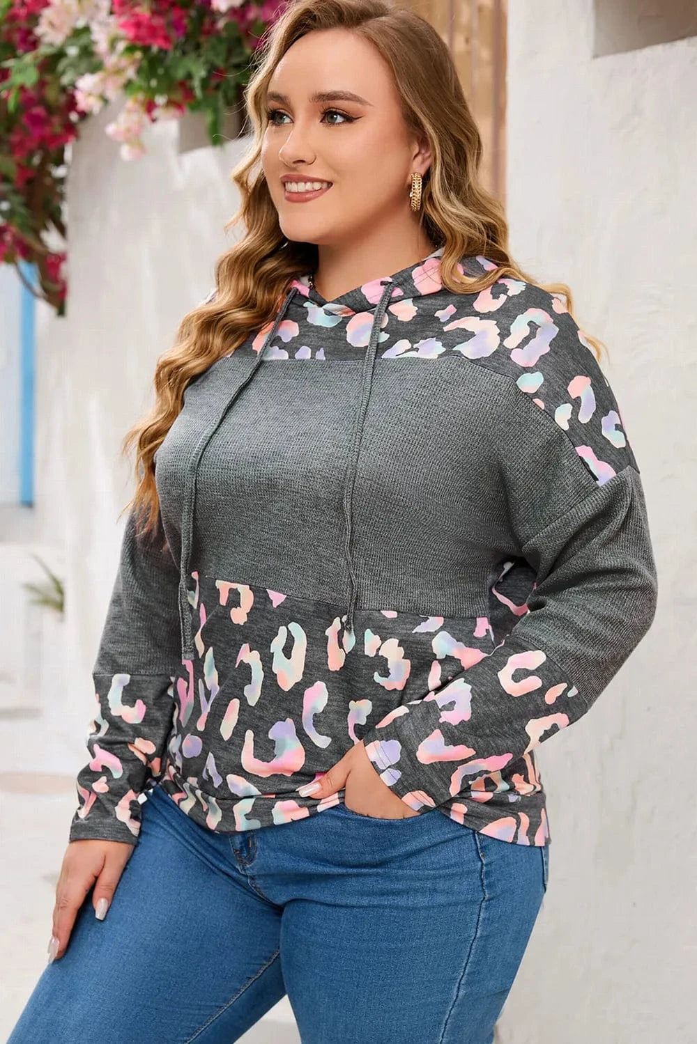 Trendsi Plus Size Leopard Dropped Shoulder Long Sleeve Hoodie