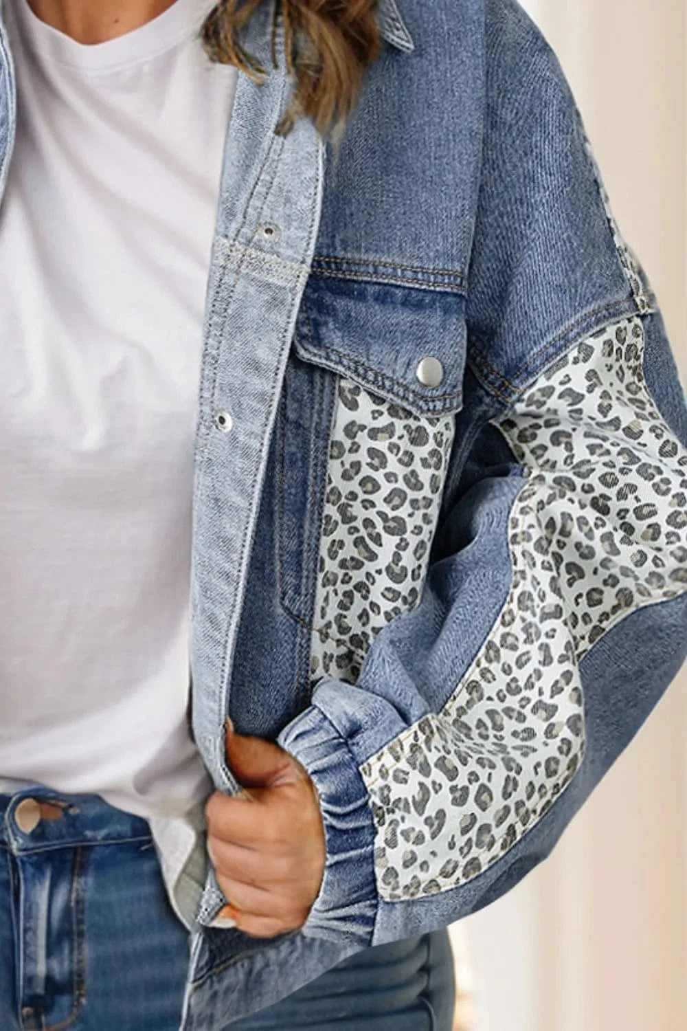 Trendsi Plus Size Leopard Long Sleeve Denim Jacket