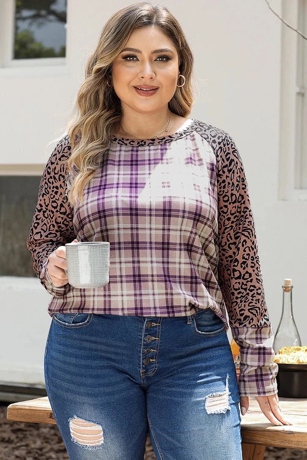 Trendsi Plus Size Leopard Raglan Sleeve Plaid T-Shirt