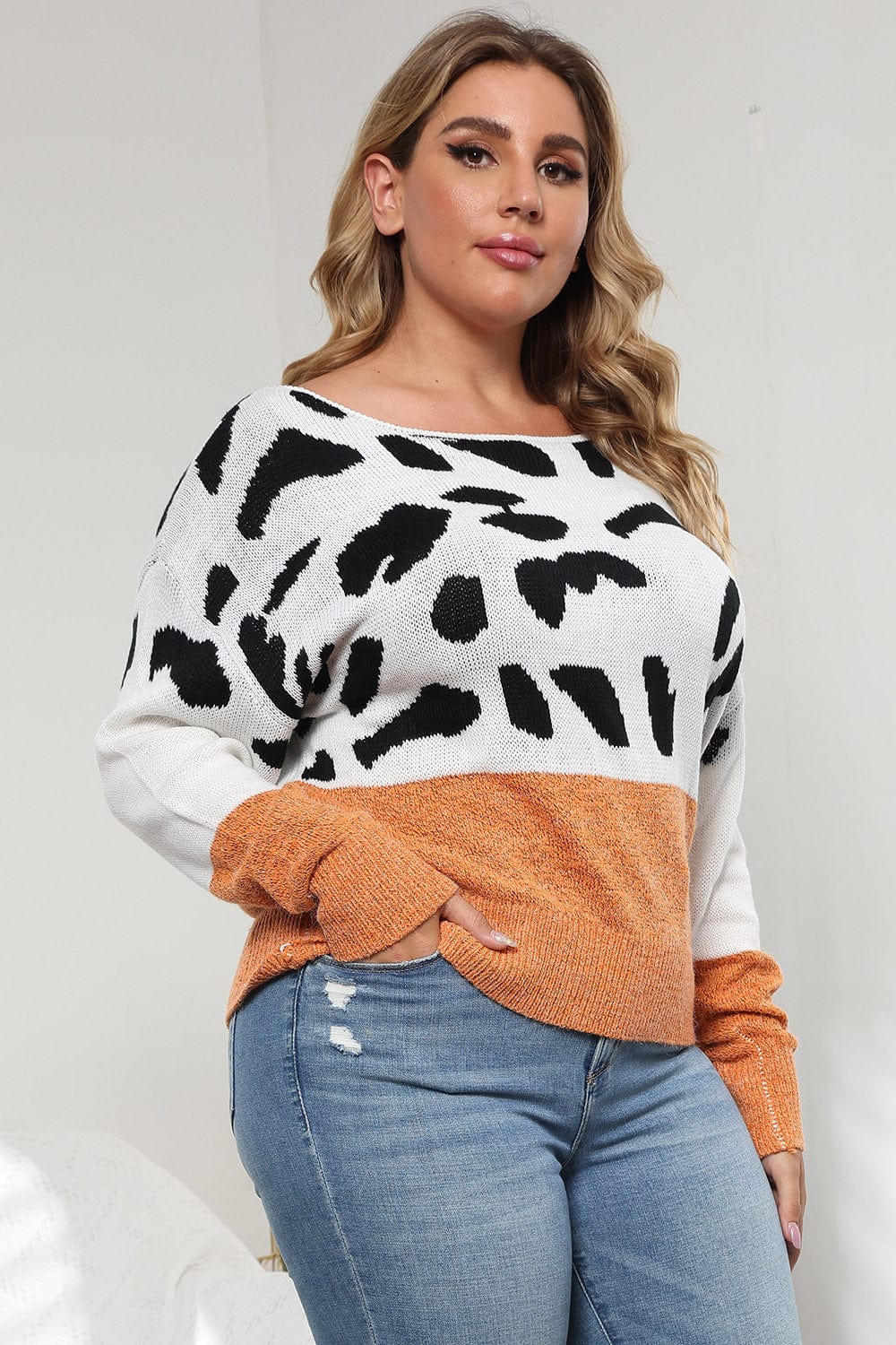 Trendsi Plus Size Leopard Round Neck Long Sleeve Sweater