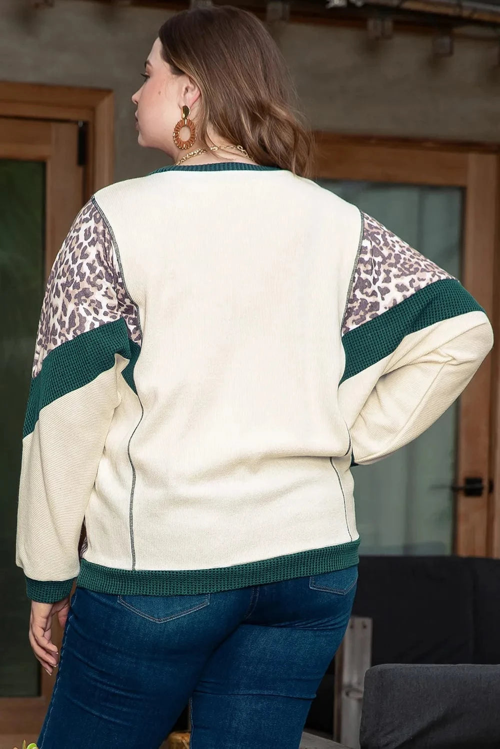 Trendsi Plus Size Leopard Waffle-Knit Long Sleeve T-Shirt