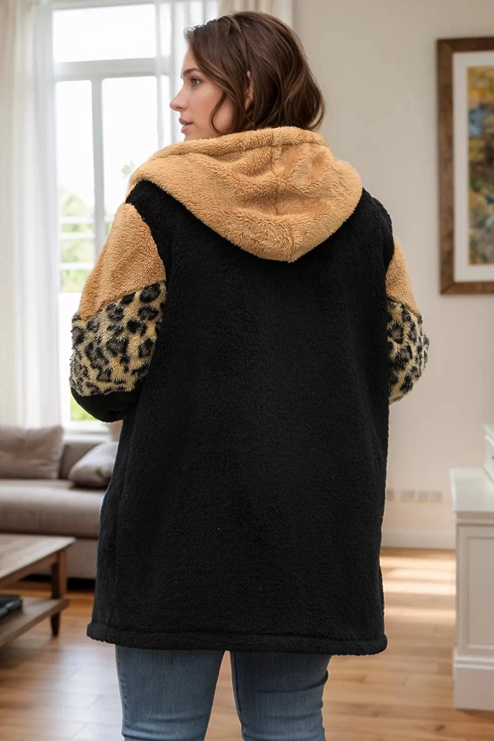 Trendsi Plus Size Leopard Zip Up Hooded Outerwear
