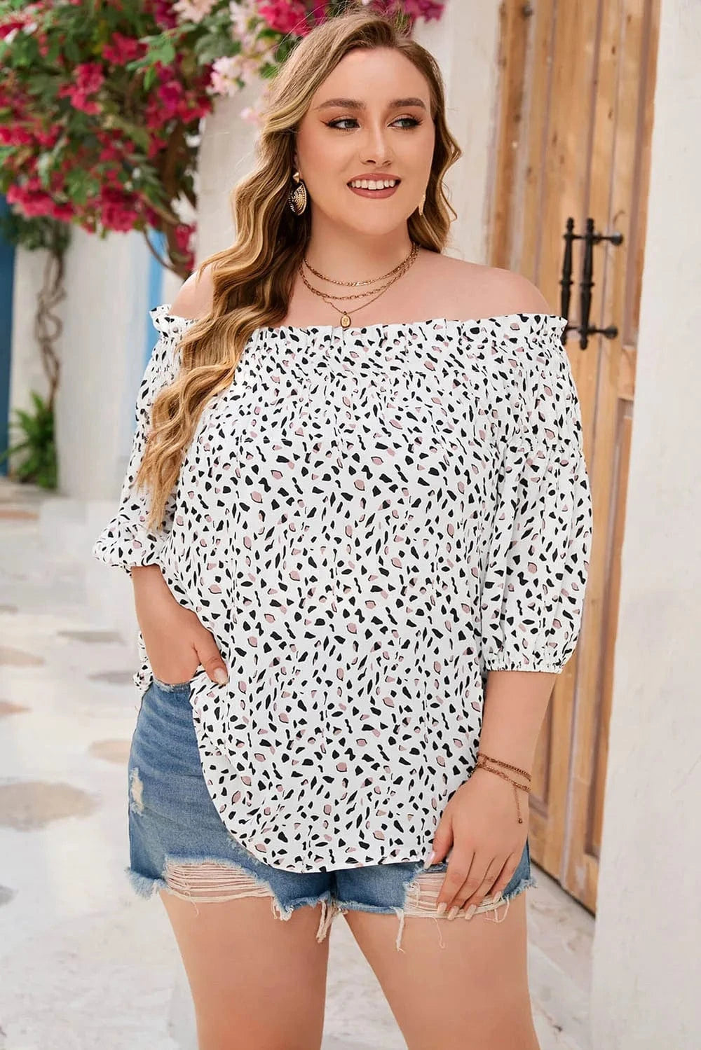 Trendsi Plus Size Printed Off-Shoulder Half Sleeve Blouse