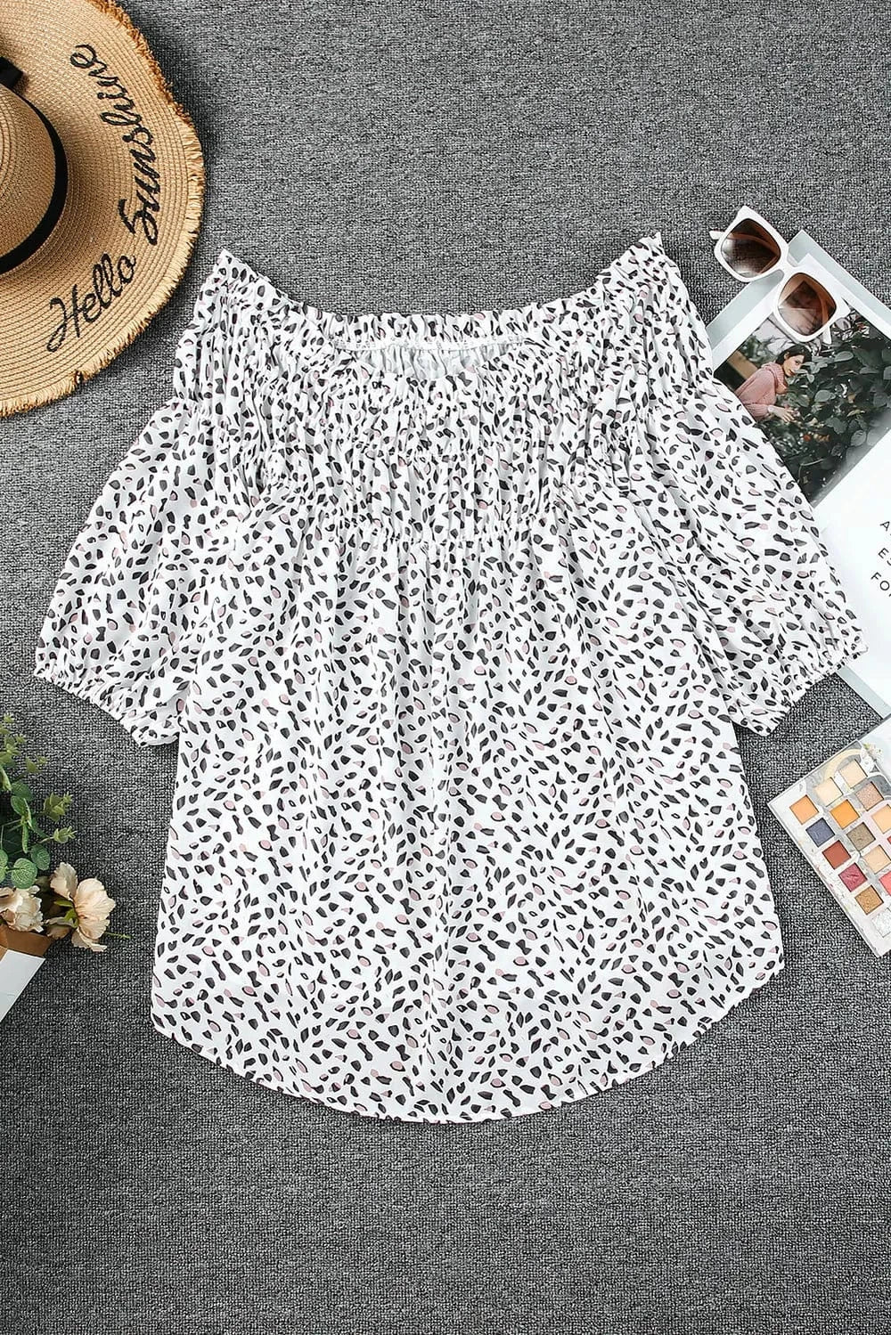 Trendsi Plus Size Printed Off-Shoulder Half Sleeve Blouse