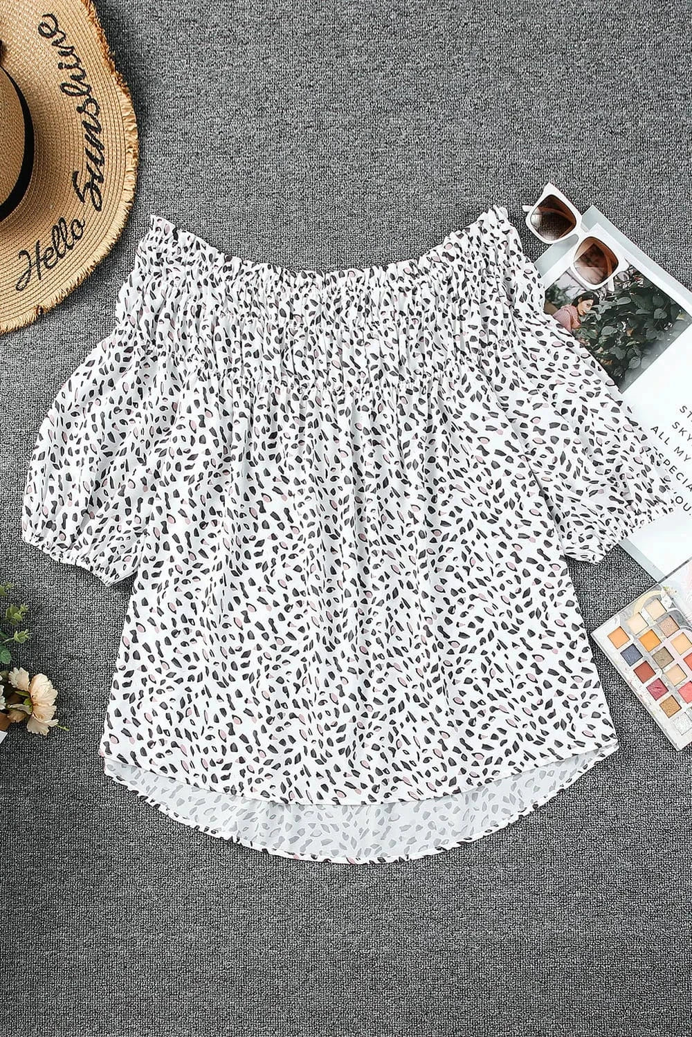 Trendsi Plus Size Printed Off-Shoulder Half Sleeve Blouse