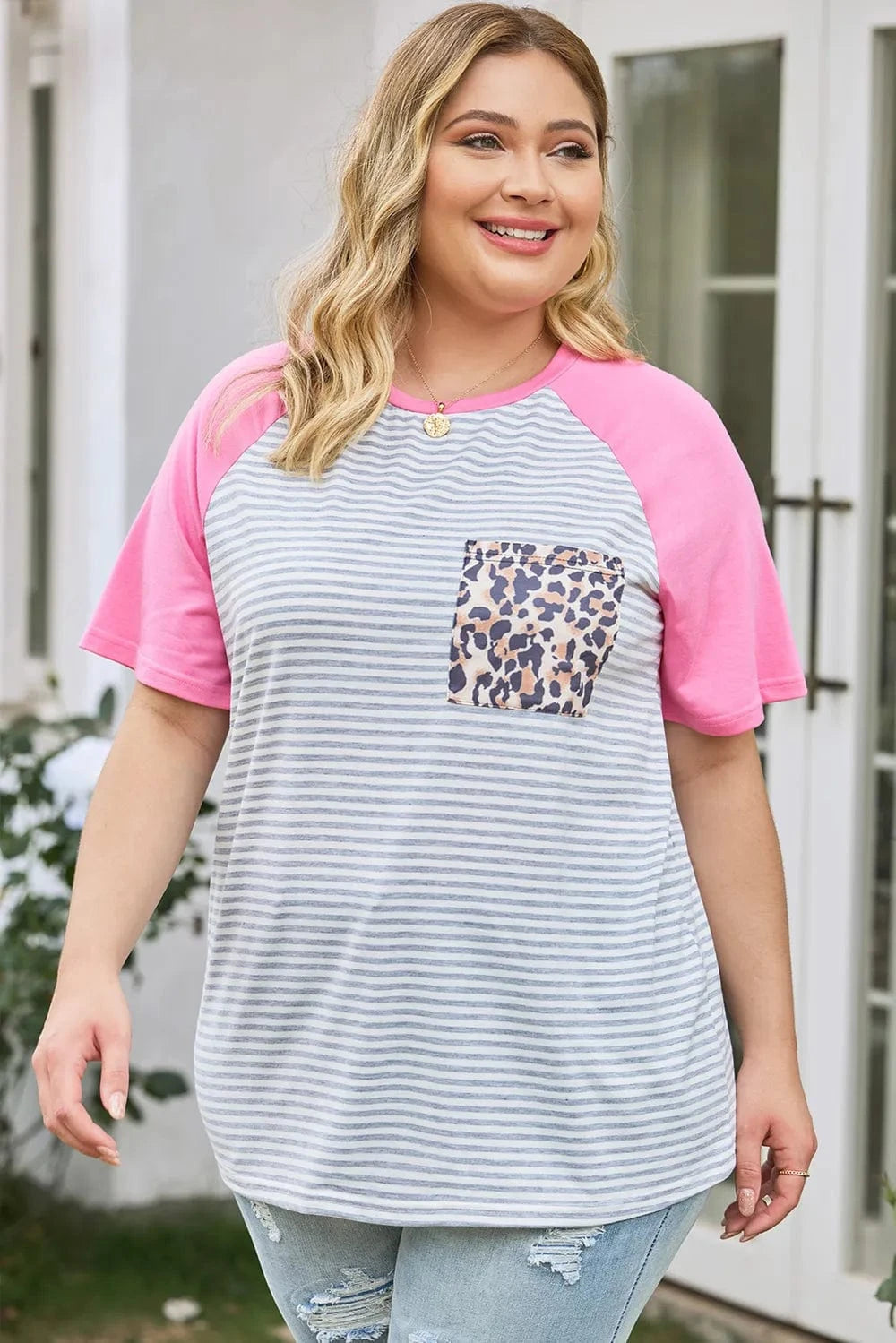 Trendsi Plus Size Striped Leopard Round Neck T-Shirt