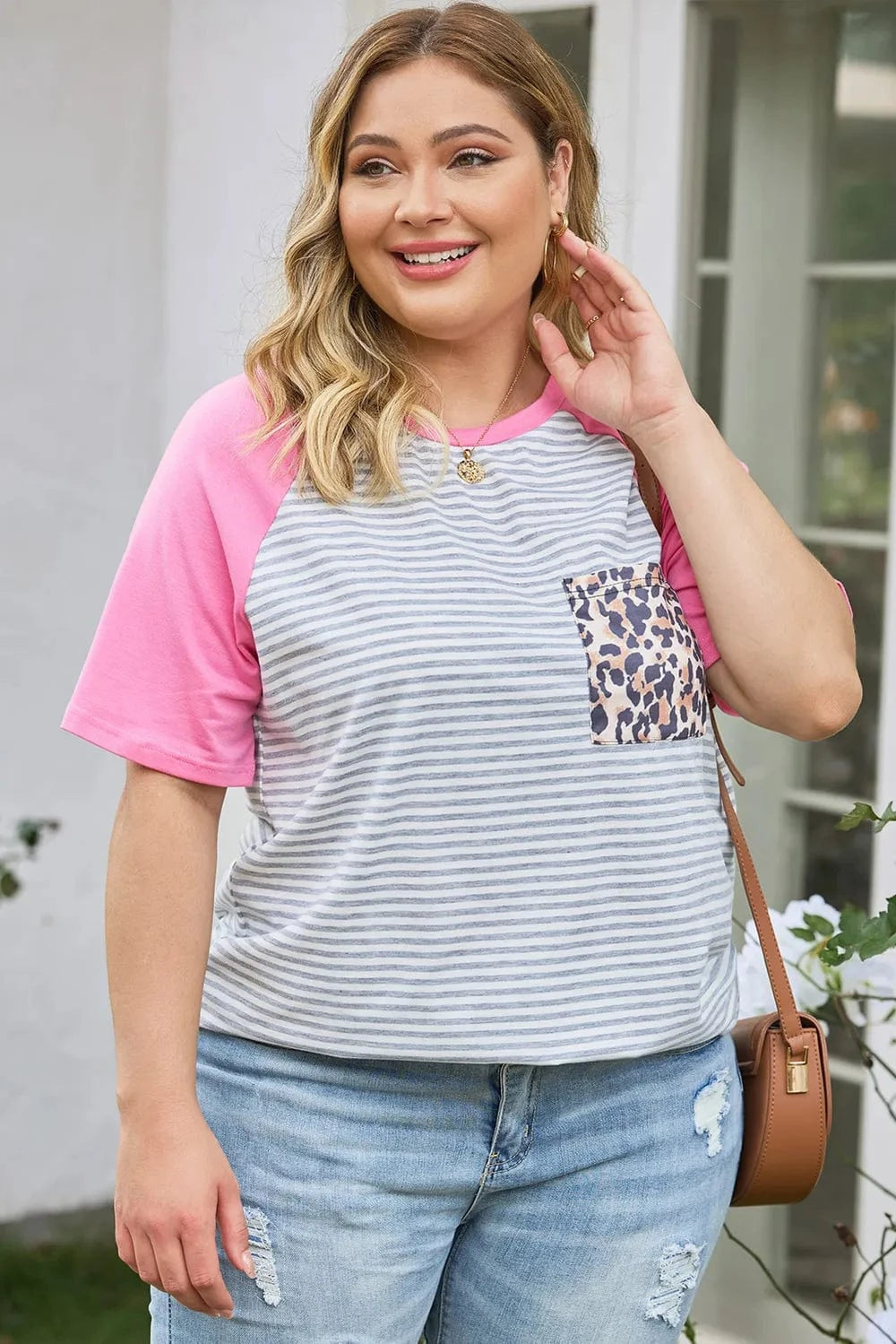 Trendsi Plus Size Striped Leopard Round Neck T-Shirt